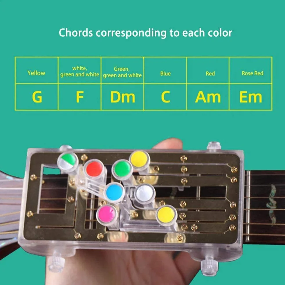 Chord Buddy system uczenia się gitary, wystarczy nacisnąć przyciski i grać na gitarze, system uczenia się gitary Clip-on chromatyczny stroik z 6 uniwersalnymi akordami