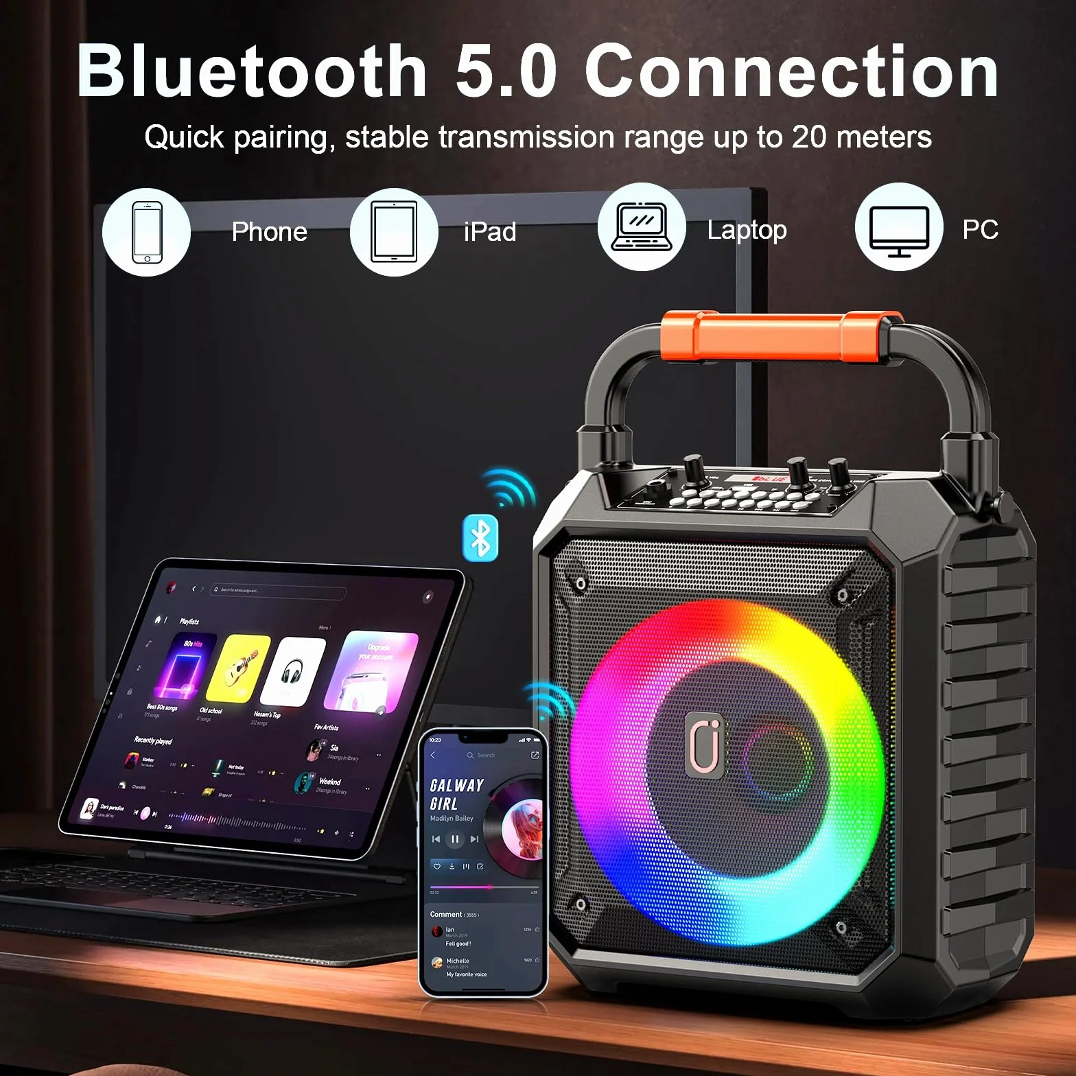 JAUYXIAN Karaoke Machine z 2 mikrofonami bezprzewodowymi, przenośny głośnik Bluetooth Karaoke dla dzieci i dorosłych, system PA obsługuje karty TF/USB/AUX/REC na imprezy
