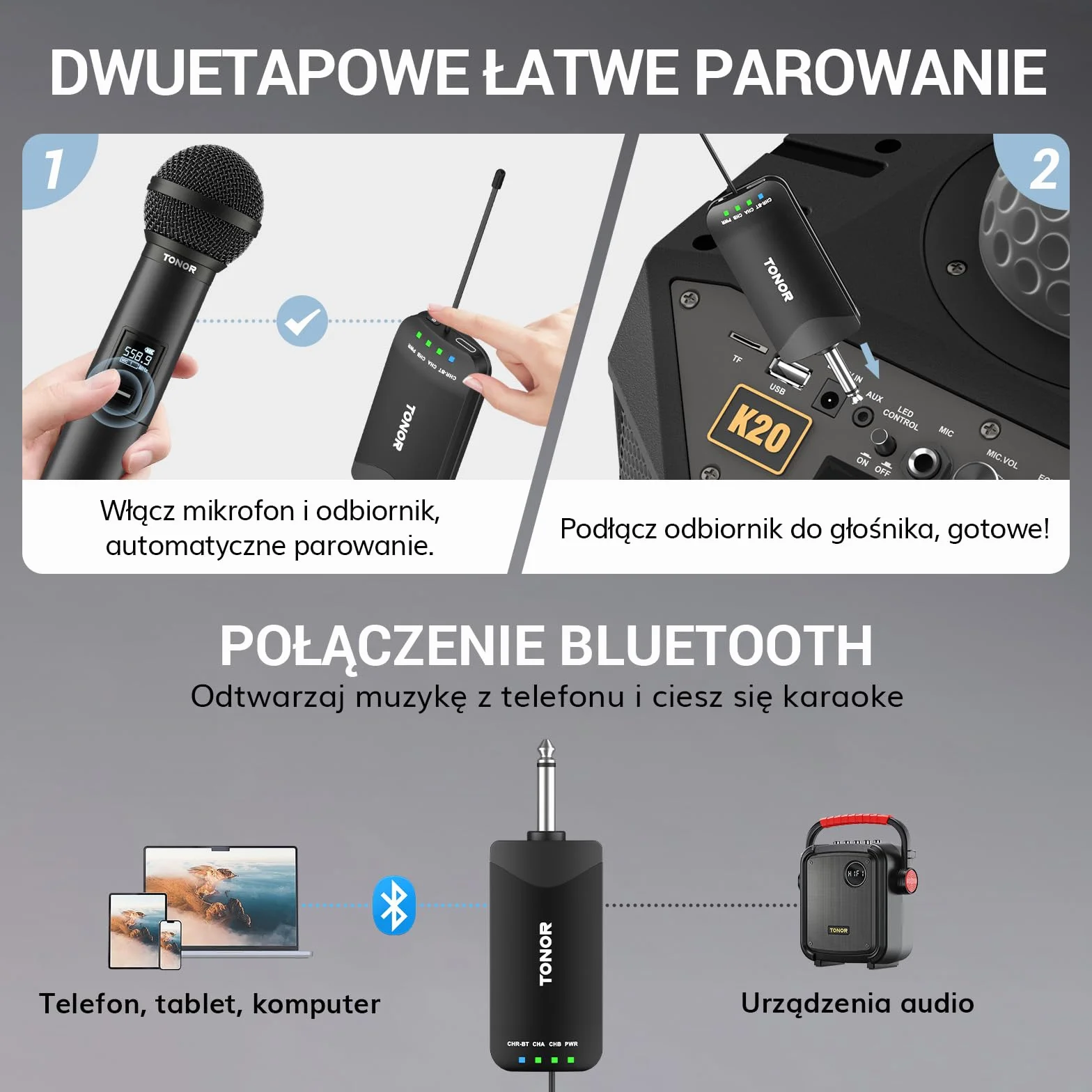 TONOR Profesjonalny Bezprzewodowy Mikrofonów, Ręczny Mikrofon Dynamiczny, Automatyczne Parowanie Bluetooth, Częstotliwość 2x25 UHF, dla Piosenkarzy/DJ-ów/Wesel/ślubów/Kościołów, 100 m, TW720