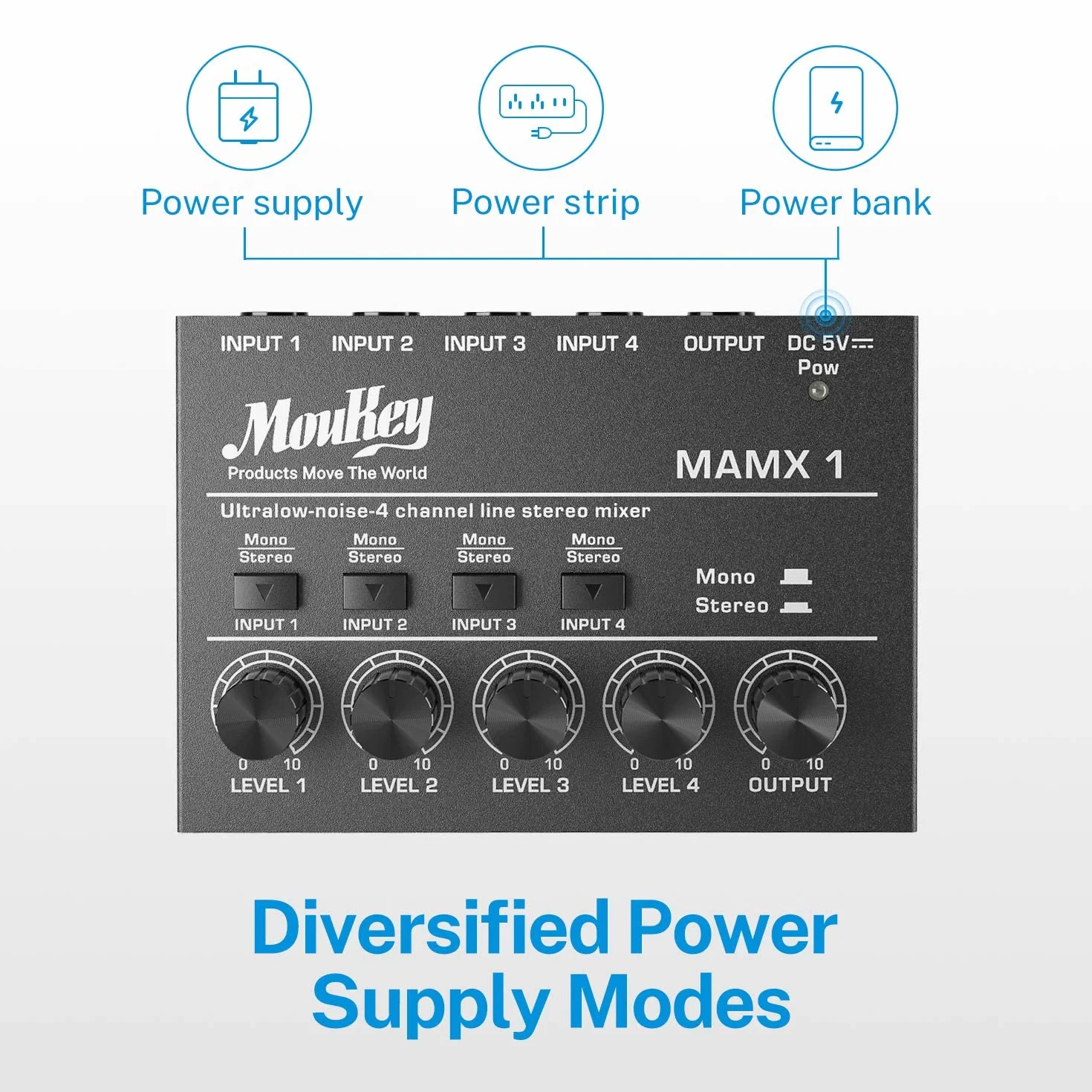 Moukey Kompaktowy mikser studyjny audio stereo, 4 kanały do klubów, barów, scen, miksera, gitary, basu, klawiatury, MAMX1