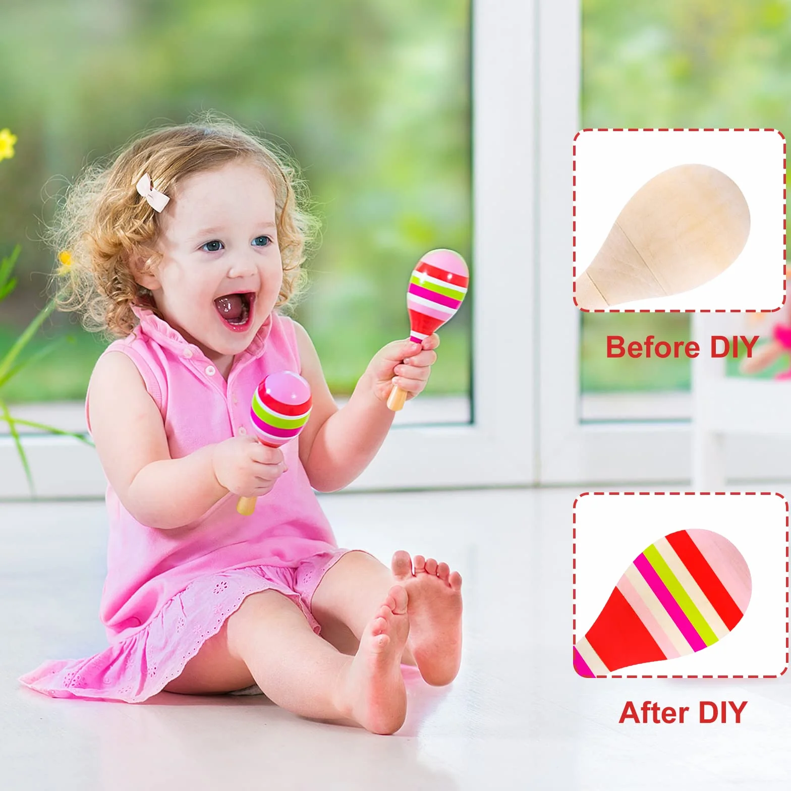 Morcheiong 12 szt. DIY mini drewniane marakasy dla dzieci z 12 pisakami akrylowymi