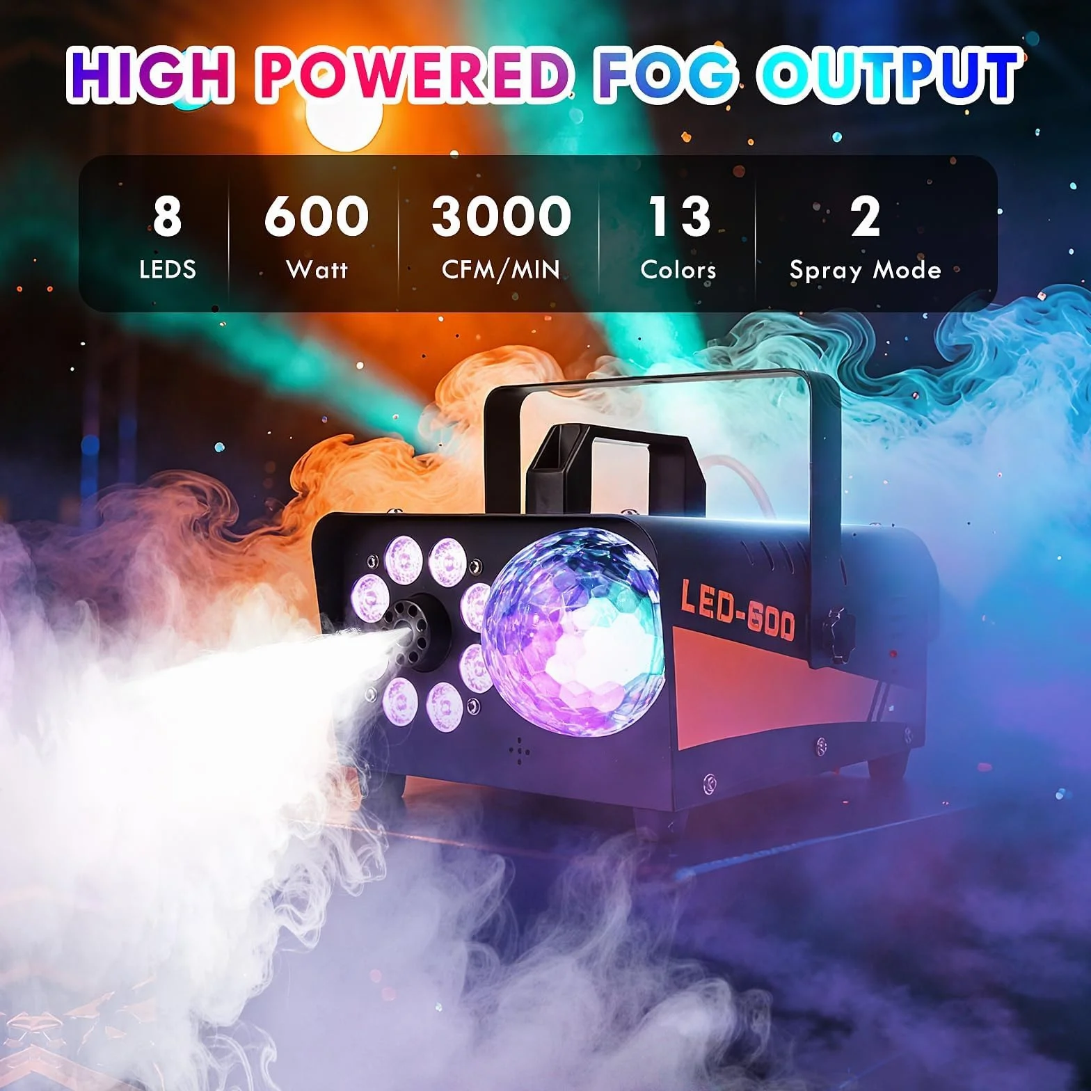 Wytwornica Dymu 600W (3000 CFM) z LED RGB 13 Kolorów – Maszyna do Dymu z Pilotem Przewodowym i Bezprzewodowym, Efekt Disco, na Imprezy, DJ, Wesele, Halloween, Scena, Wew./Zew
