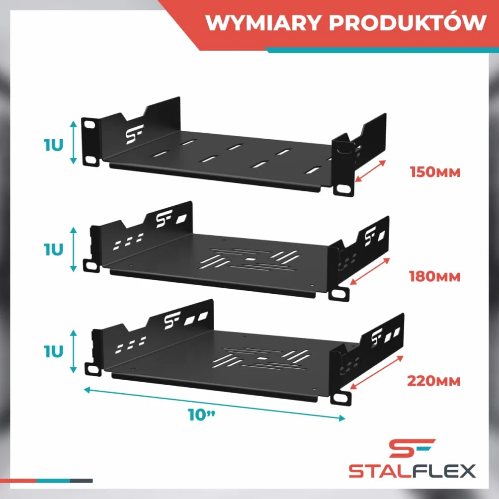 Półka Stała Rack 10 cali 1U 150mm, Metal, Czarny | Półka Rackowa 10 Cali Płaska Perforowana do Montażu w Szafach Serwerowych i Sieciowych w Systemie Rack