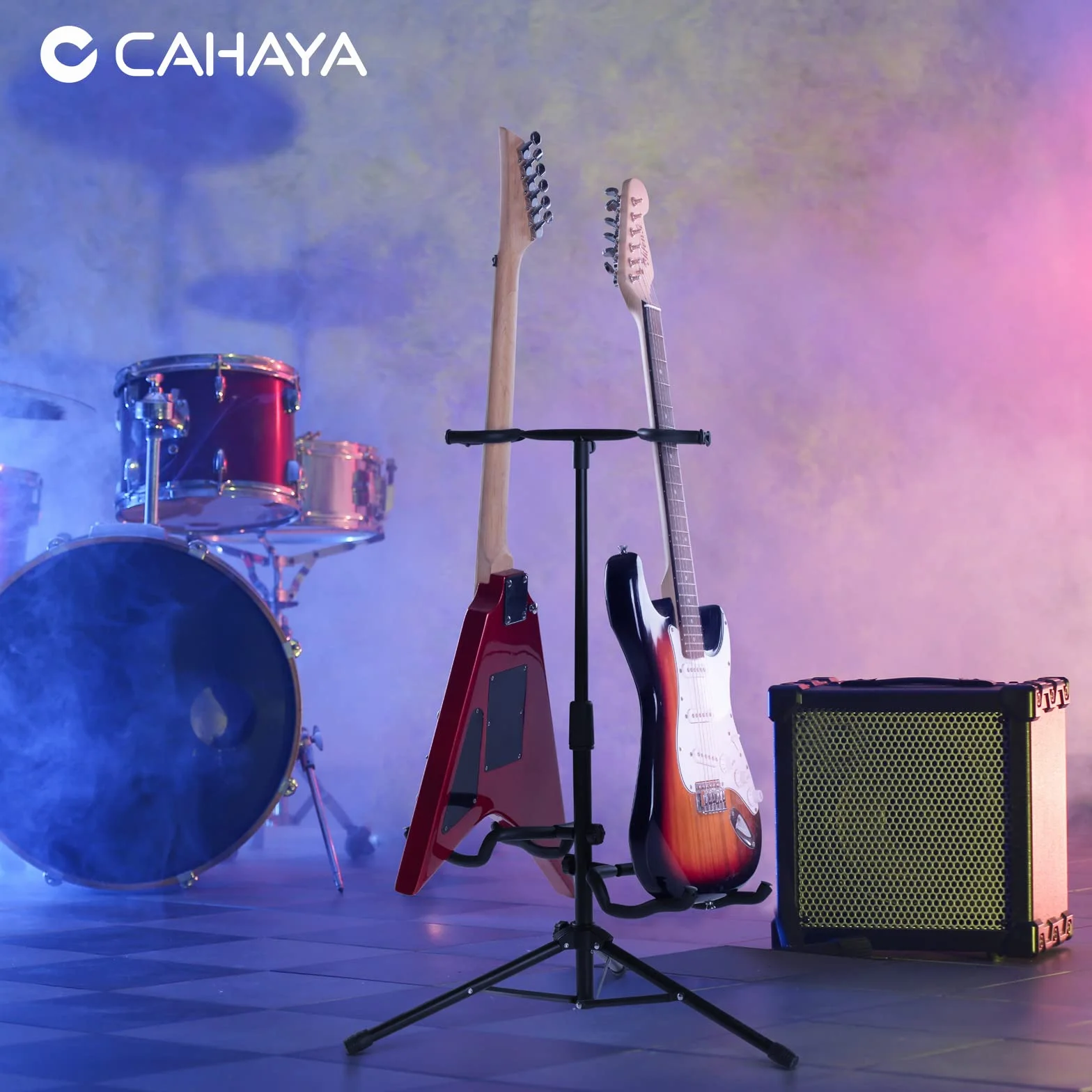 CAHAYA CY0321 stojak na 2 instrumenty z uchwytem na szyję, regulowany, składany, uniwersalny statyw do gitary akustycznej, gitary elektrycznej, basowej, banjos