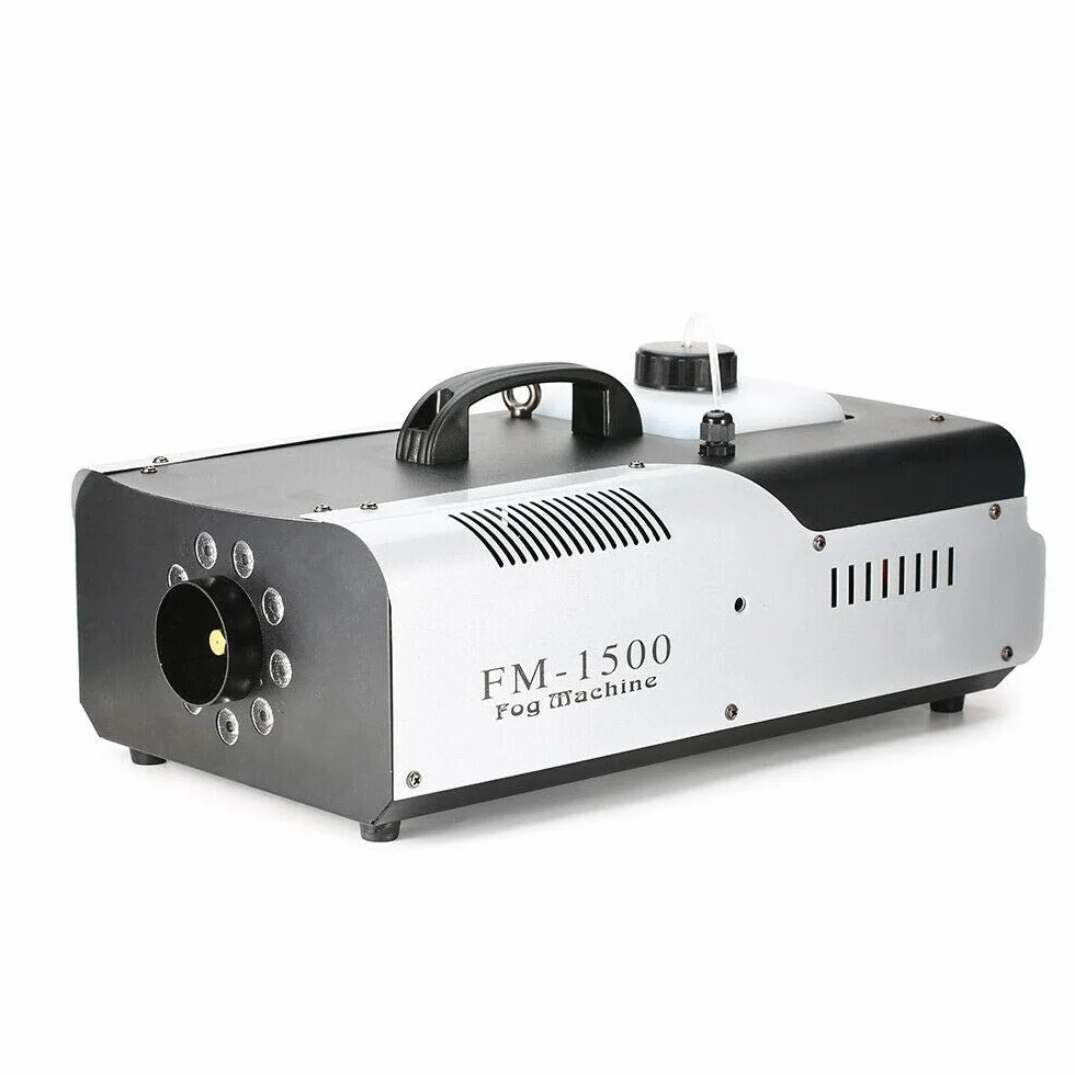 Fogger mini generator dymu LED | element grzejny 1500 W | bezprzewodowy pilot zdalnego sterowania | wyrzut 18000-25000 cu.ft/min | obudowa z blachy stalowej | pojemność zbiornika 2 l