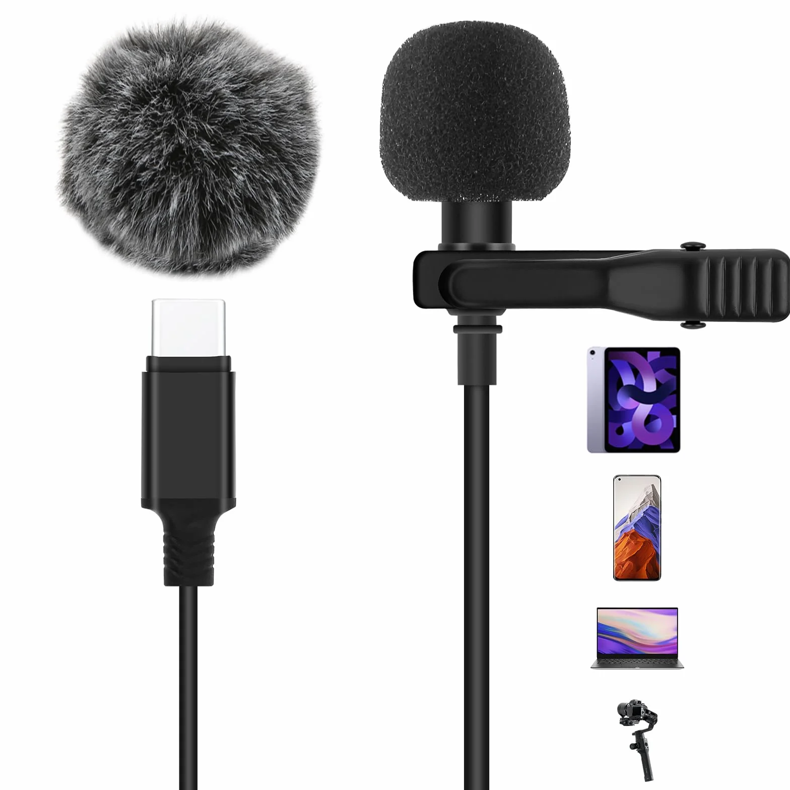 AGPTEK mikrofon lavalier typu C do iPhone'a 15, 2 m, klips i futerek przedniej szyby, mini wielokierunkowy mikrofon do laptopów z systemem Android, Macbook