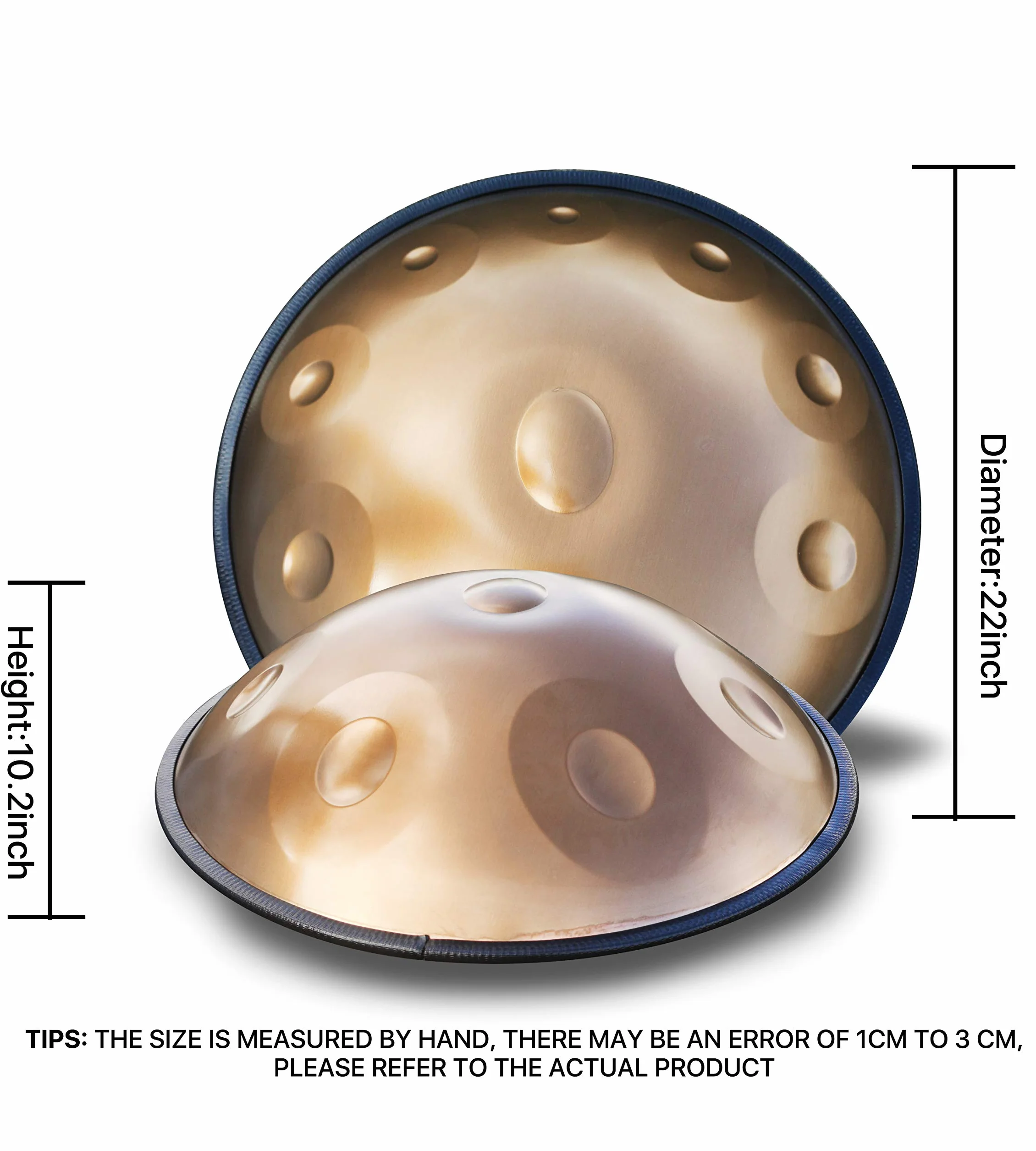 Handpan bęben, 56 cm D moll 10-nutowy 432 Hz złote bębny ręczne z akcesoriami