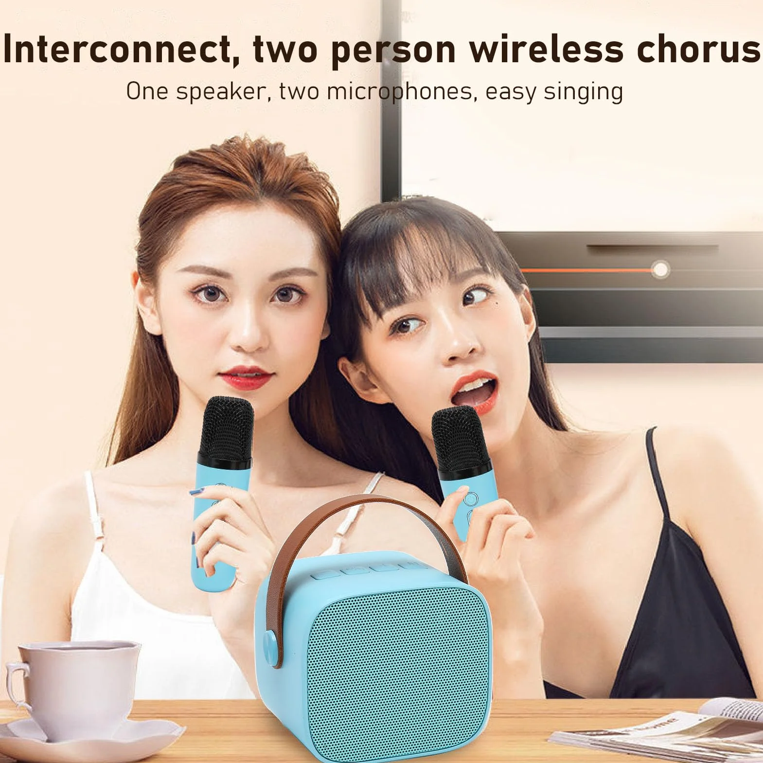 Maszyna do Karaoke, Wielofunkcyjny Dźwięk Stereo Przenośny Głośnik Bluetooth5.3, Mini Maszyna do Karaoke z 2 Mikrofonami Bezprzewodowymi do Domu, Imprezy, KTV (Niebieski)