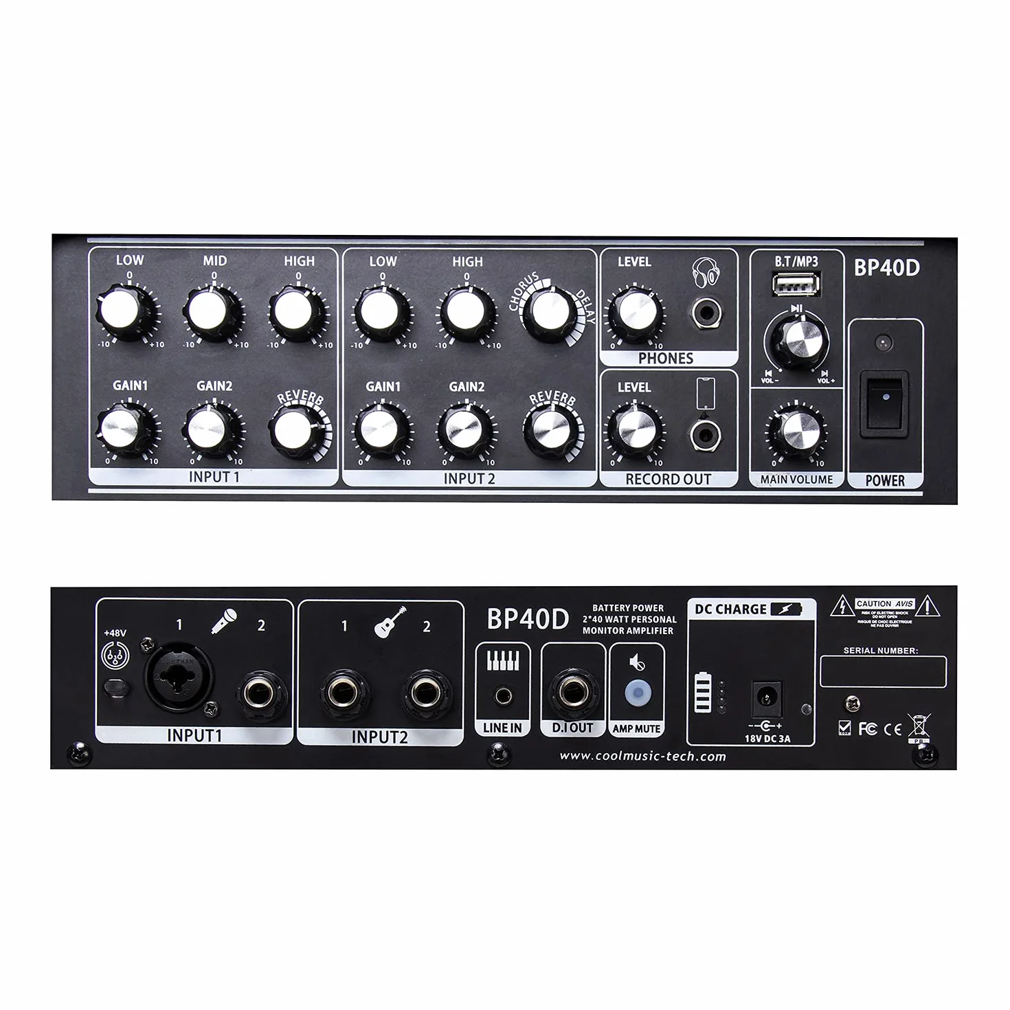 Coolmusic BP40D Wzmacniacz do gitary elektrycznej 80 W, Bluetooth, możliwość ładowania, efekt opóźnienia pogłosu, 6 wejść, 3-pasmowy korektor