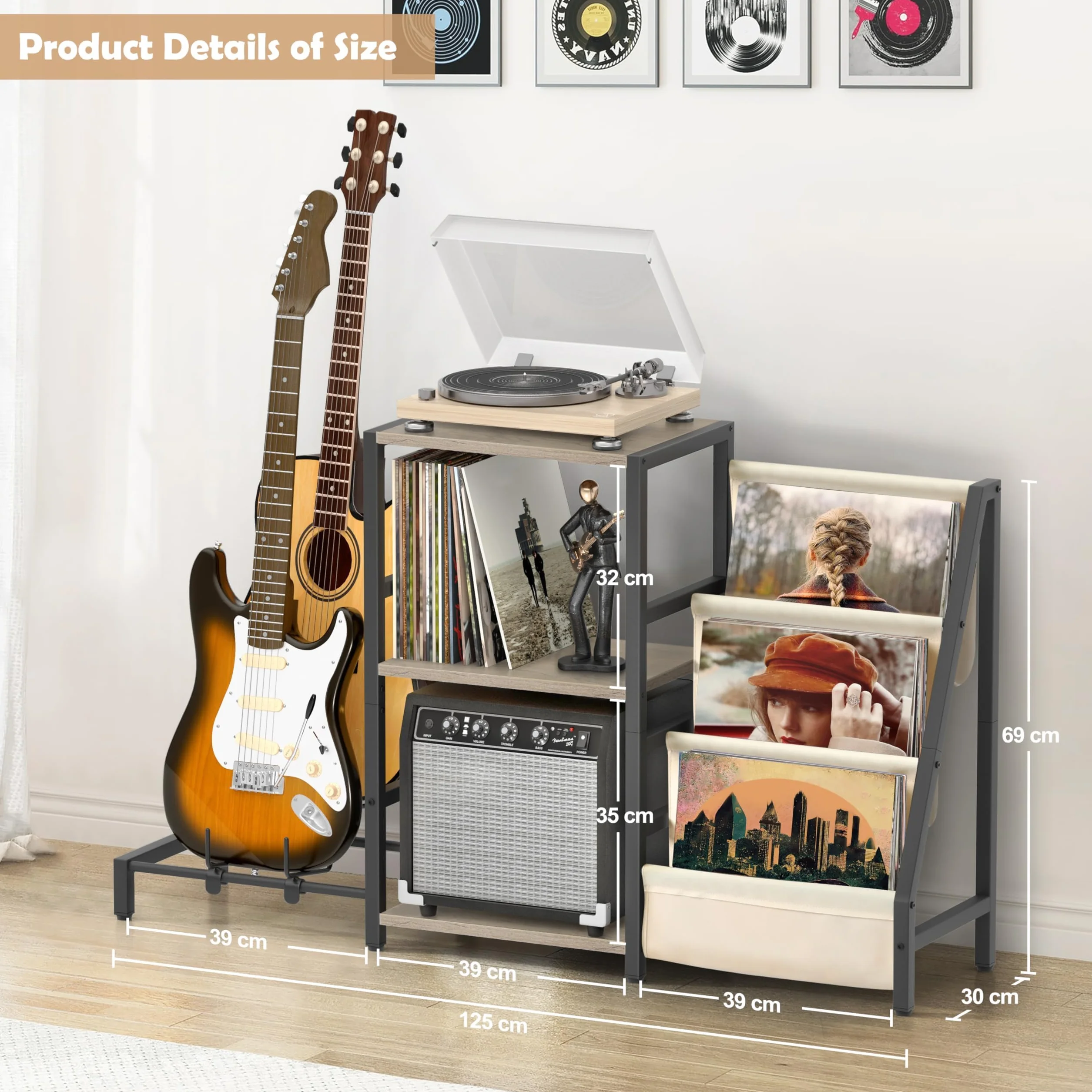 Bikoney Stojak na Gramofon z 3 Poziomami Przechowywania Winyli i Stojakiem na Gitarę, Szafka Pod Gramofon z Półką na Wzmacniacz do Gitary Akustycznej, Elektrycznej lub Basowej – Biały