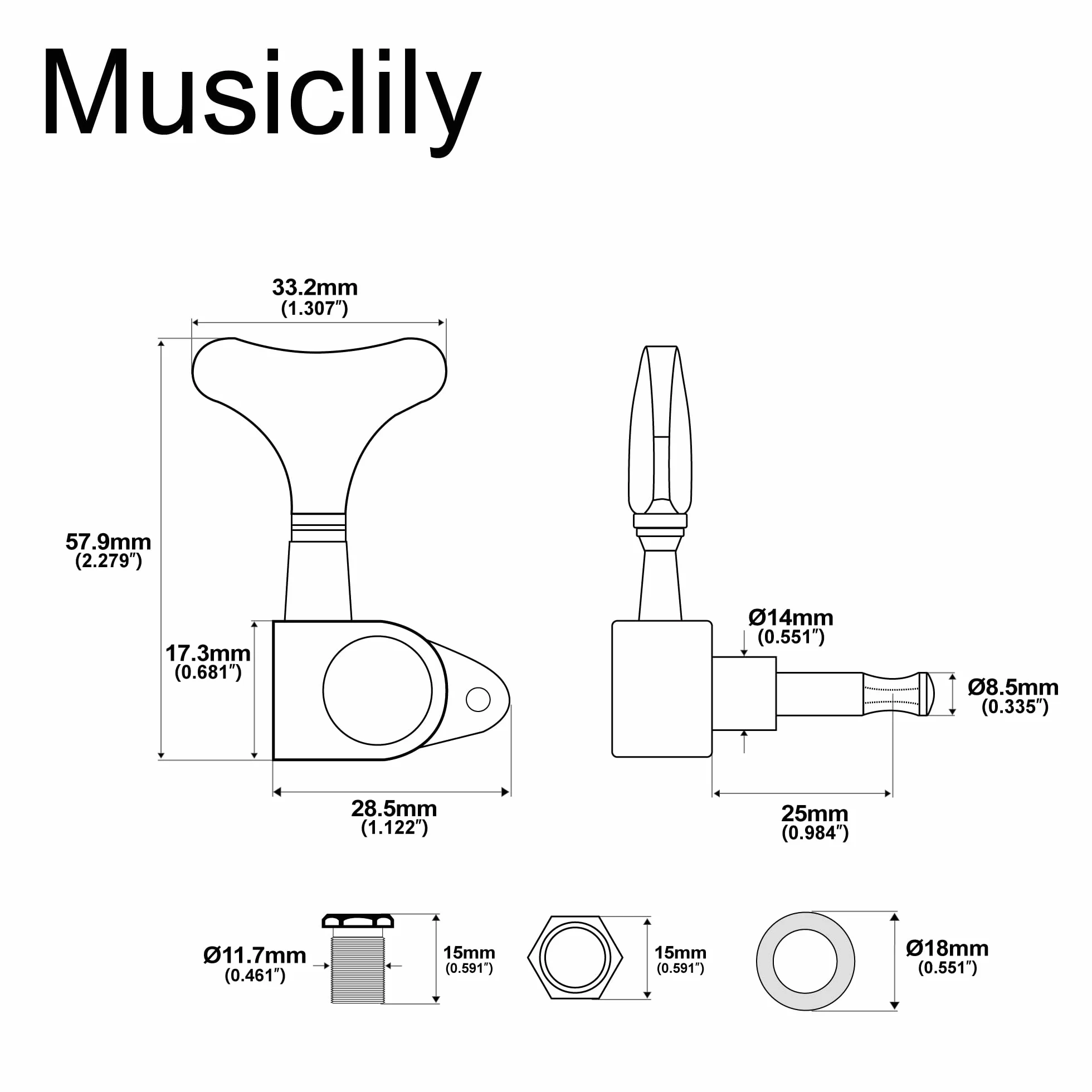 Musiclily Basic 2L+2R Klucze Basu Tunery Kołki do Strojenia do Gitary Basowej typu Ibanez, Chrom