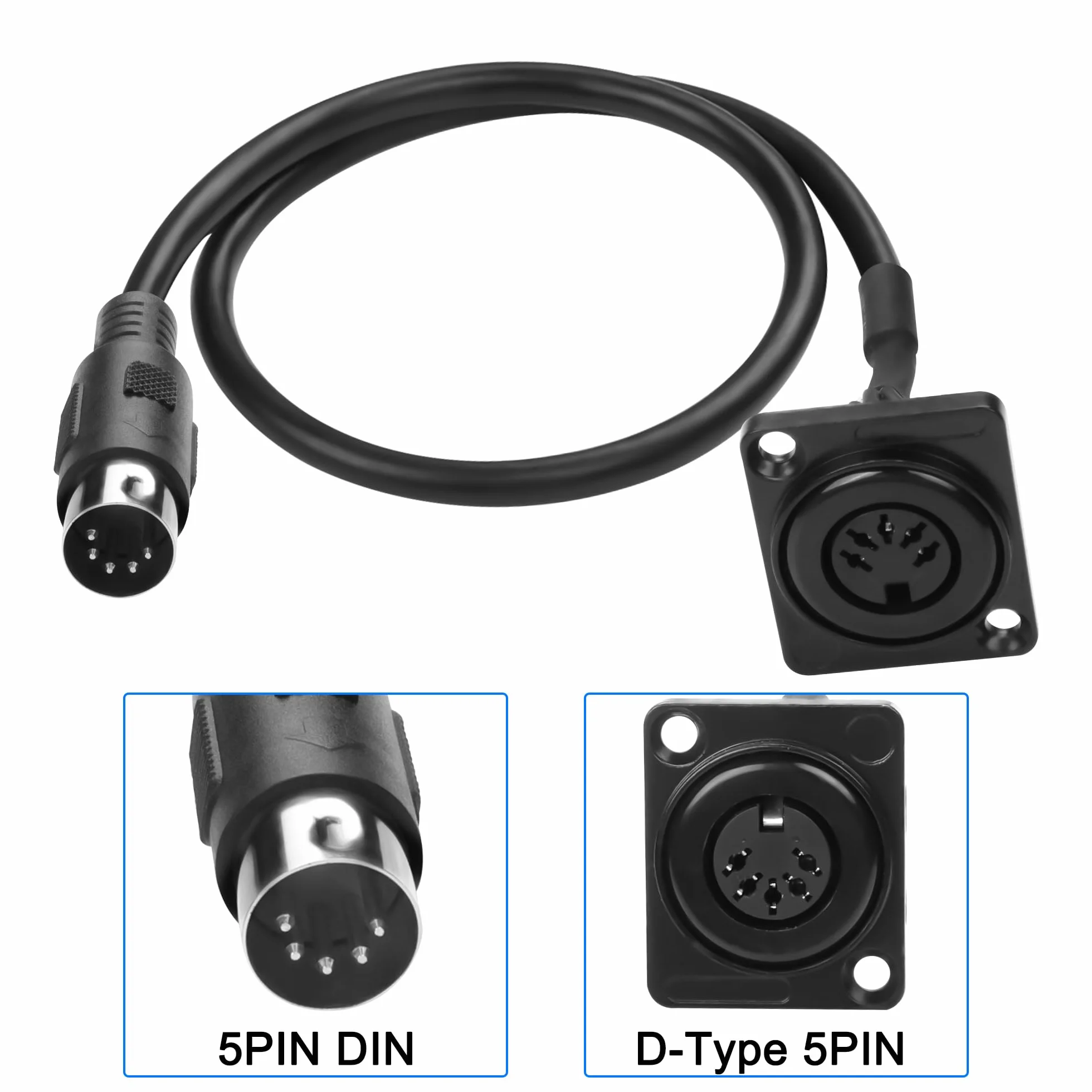 MEIRIYFA MIDI DIN 5-pinowy kabel przedłużający, montaż panelowy typu D, DIN 5PIN wtyczka na gniazdo audio, kabel adaptera do keyboardu, syntezatora, organów, pianina elektrycznego, gitary MIDI - 53 cm