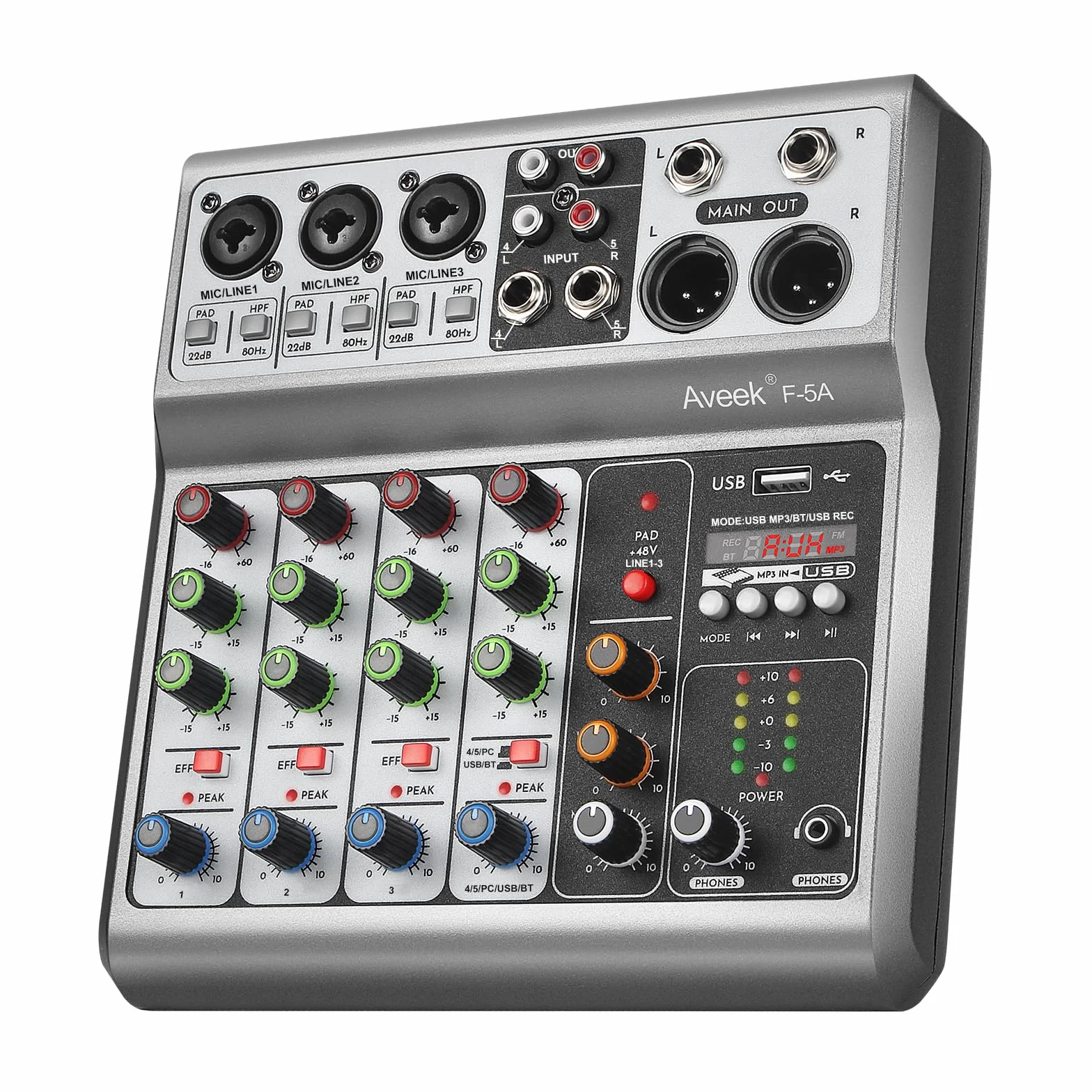 Aveek 5-kanałowy mikser audio, konsola miksująca z efektem opóźnienia pogłosu USB Bluetooth, wejście 48 V Phantom Power Stereo DJ miksery do nagrywania, transmisji na żywo, podcastów, karaoke