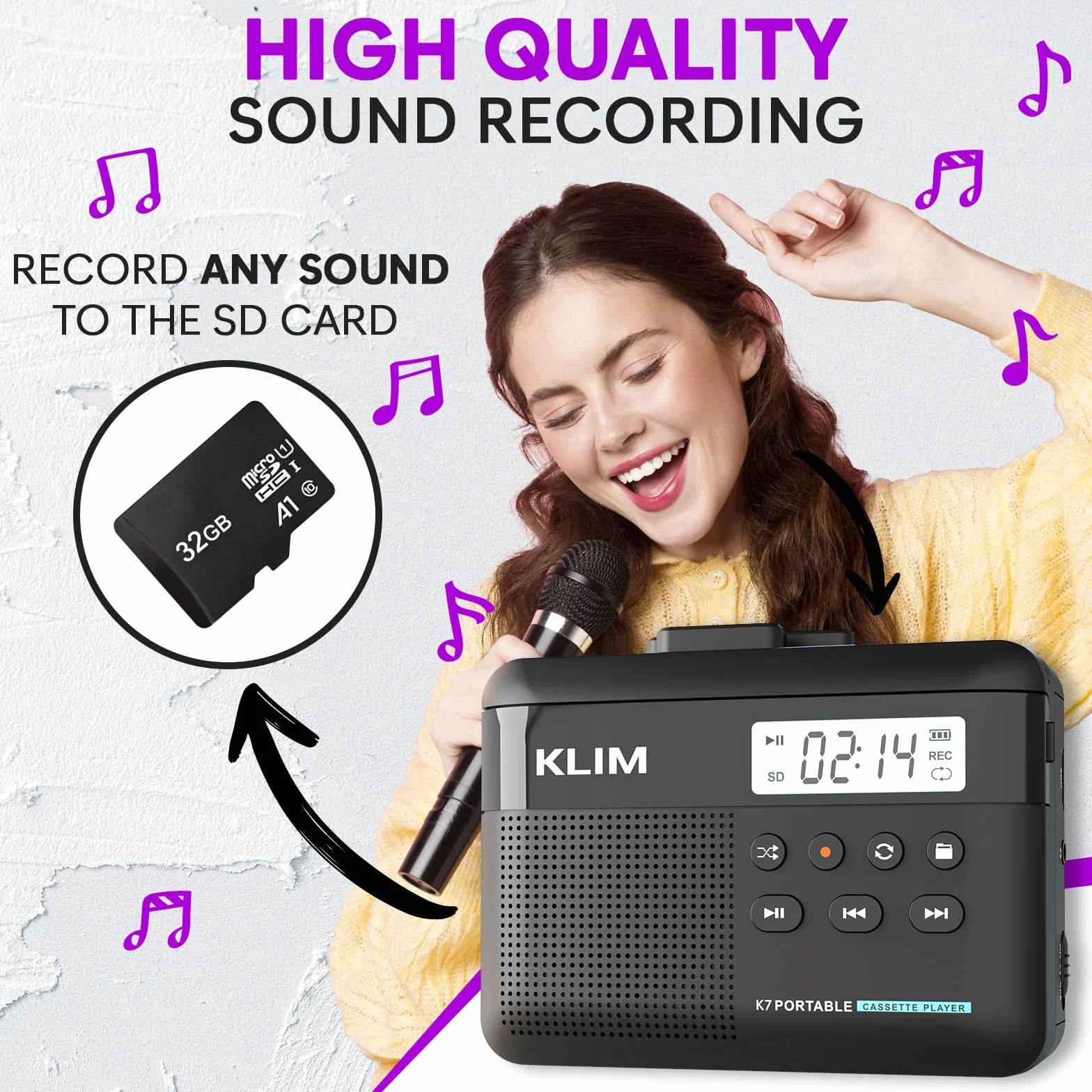 Odtwarzacz kasetowy Walkman KLIM K7 - odtwarzacz kasetowy - konwerter kasety audio na MP3 - wbudowany mikrofon i głośnik - akumulator - słuchawki - karta SD 32 GB