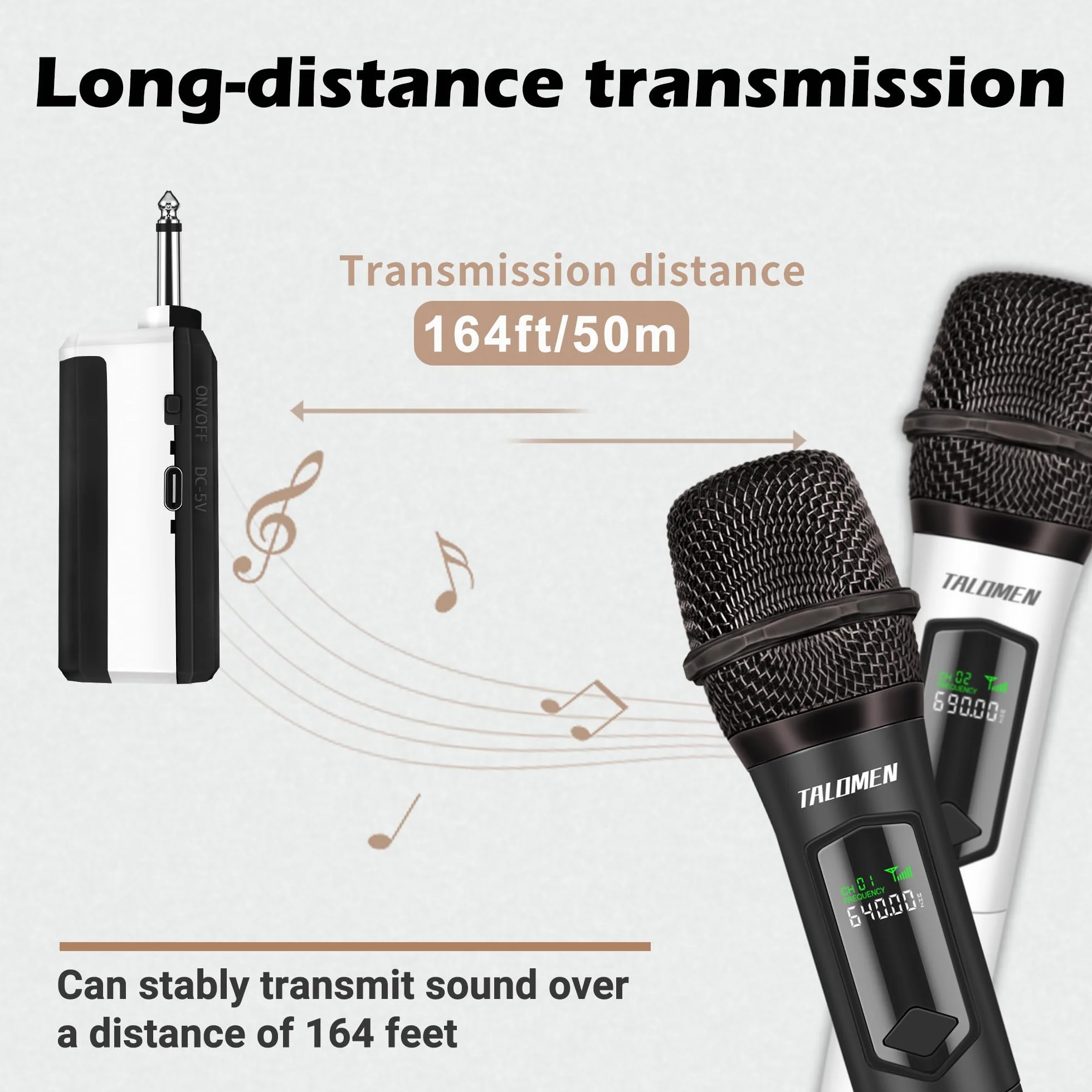 Talomen Profesjonalny mikrofon bezprzewodowy 2,4 GHz, dynamiczny system do karaoke, wielokrotnego ładowania, z odbiornikiem, idealny do śpiewu, imprez, DJ-ów, K60-2, czarno-biały