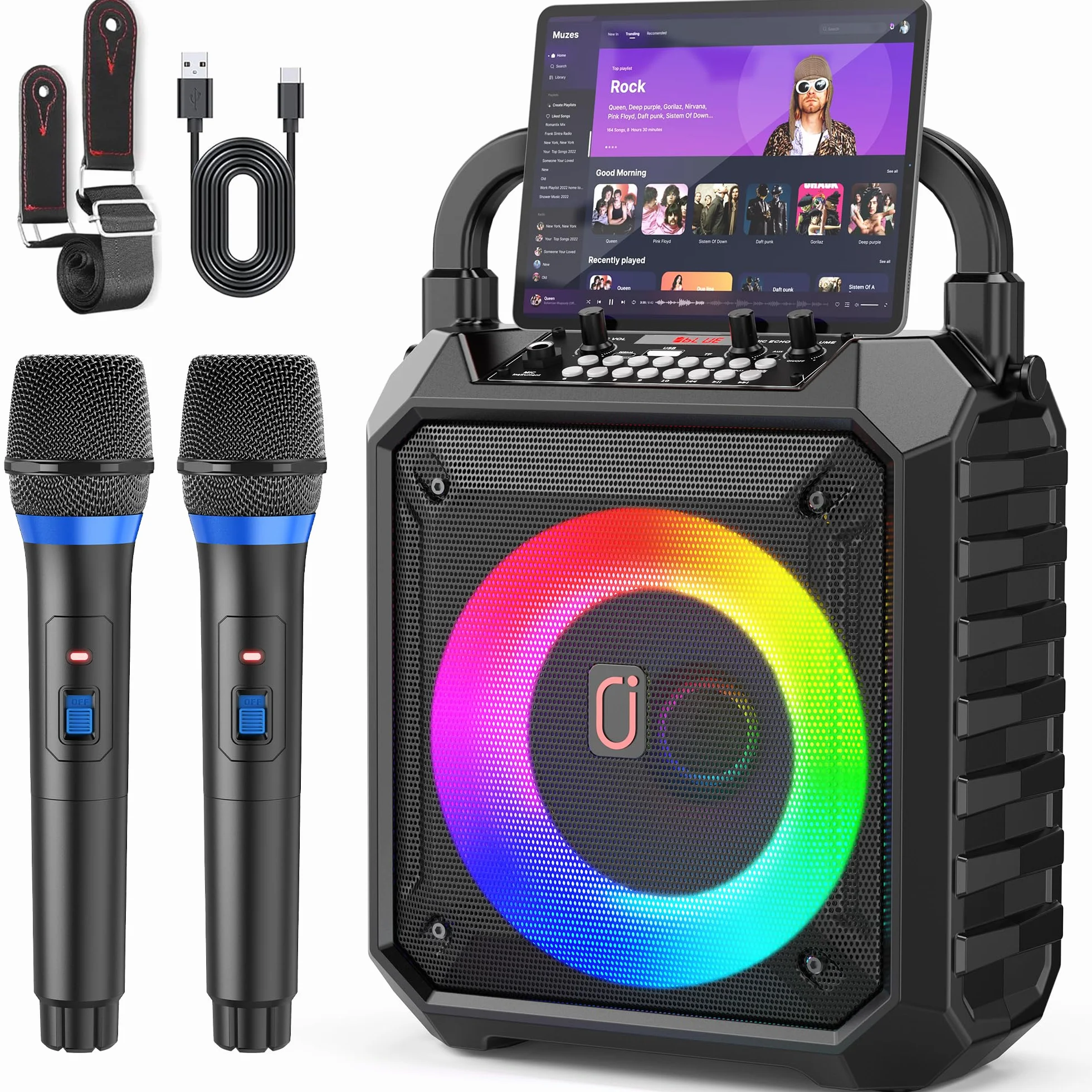 JAUYXIAN Karaoke Machine z 2 mikrofonami bezprzewodowymi, przenośny głośnik Bluetooth Karaoke dla dzieci i dorosłych, system PA obsługuje karty TF/USB/AUX/REC na imprezy