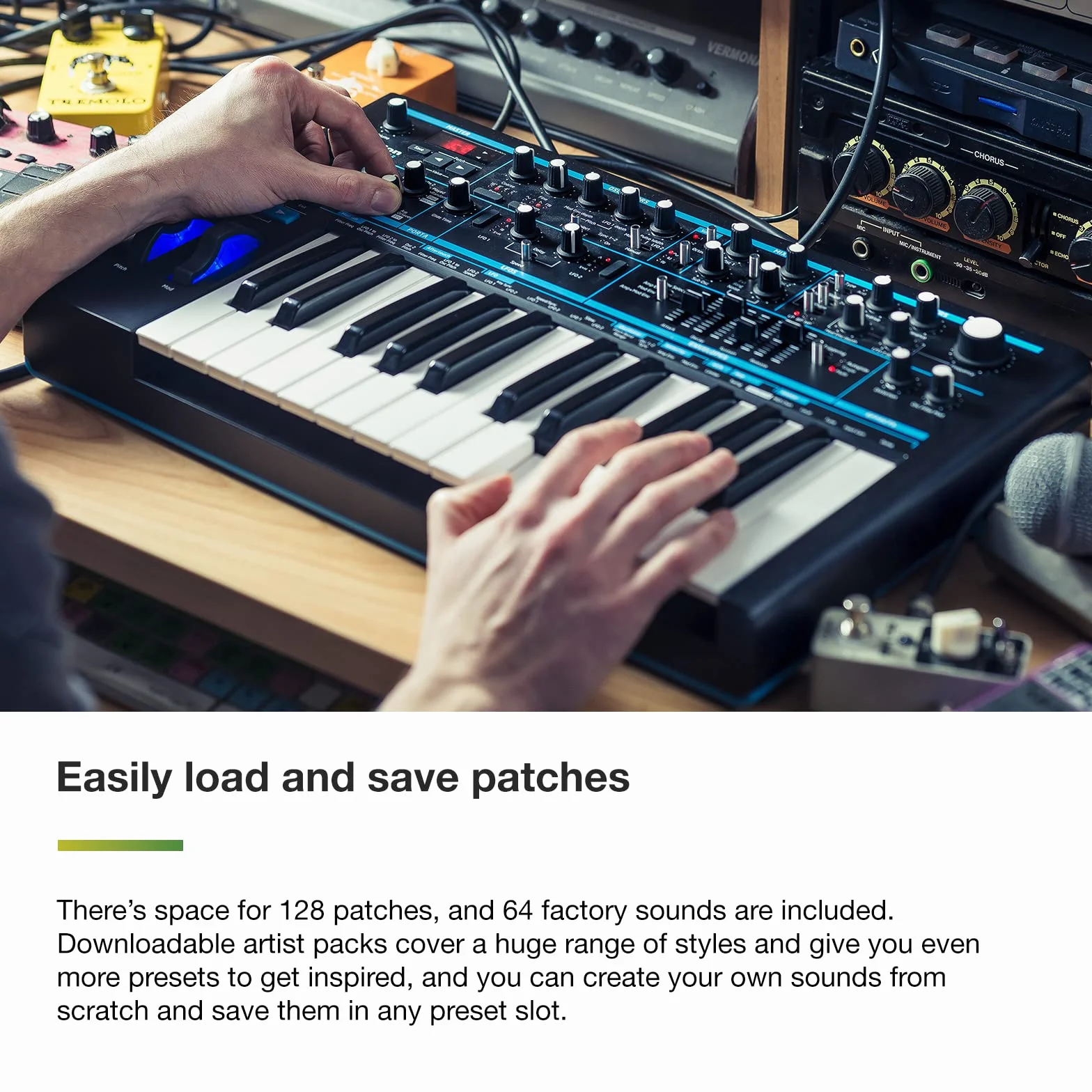 Novation Analogowy monosynth Bass Station II – zawiera 64 fabryczne łatki, sekwencer kroków oparty na wzorach i arpeggiator, dwa oscylatory oraz dodatkowy oscylator podrzędny