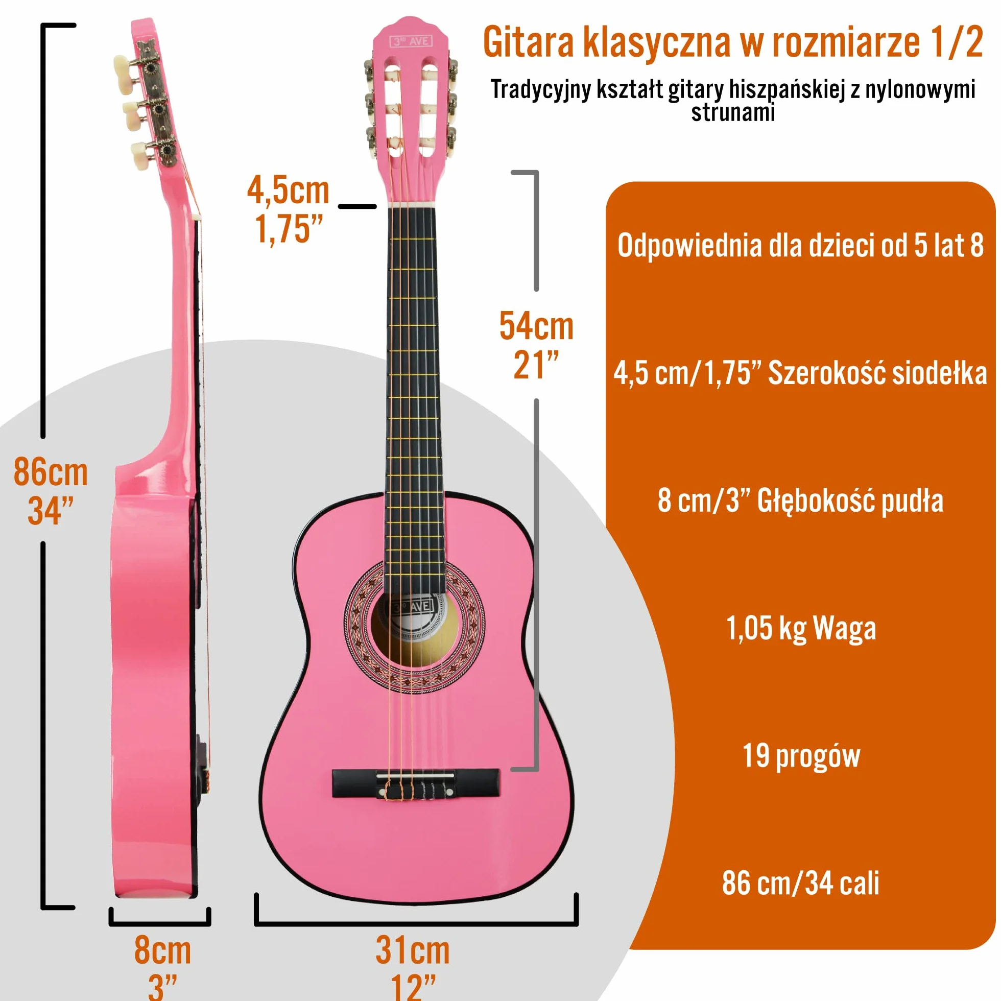 3rd Avenue Hiszpańska gitara klasyczna Kids, w rozmiarze 1/2, dla początkujących, struny nylonowe – futerał, struny – w kolorze różowym