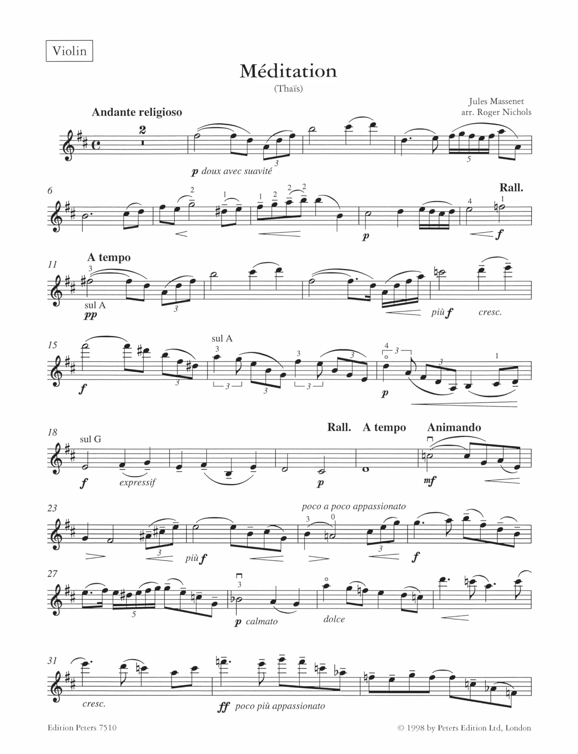 Meditation from "thais" violon: aus der Oper "Thaïs" - Bearbeitung für Violine und Klavier