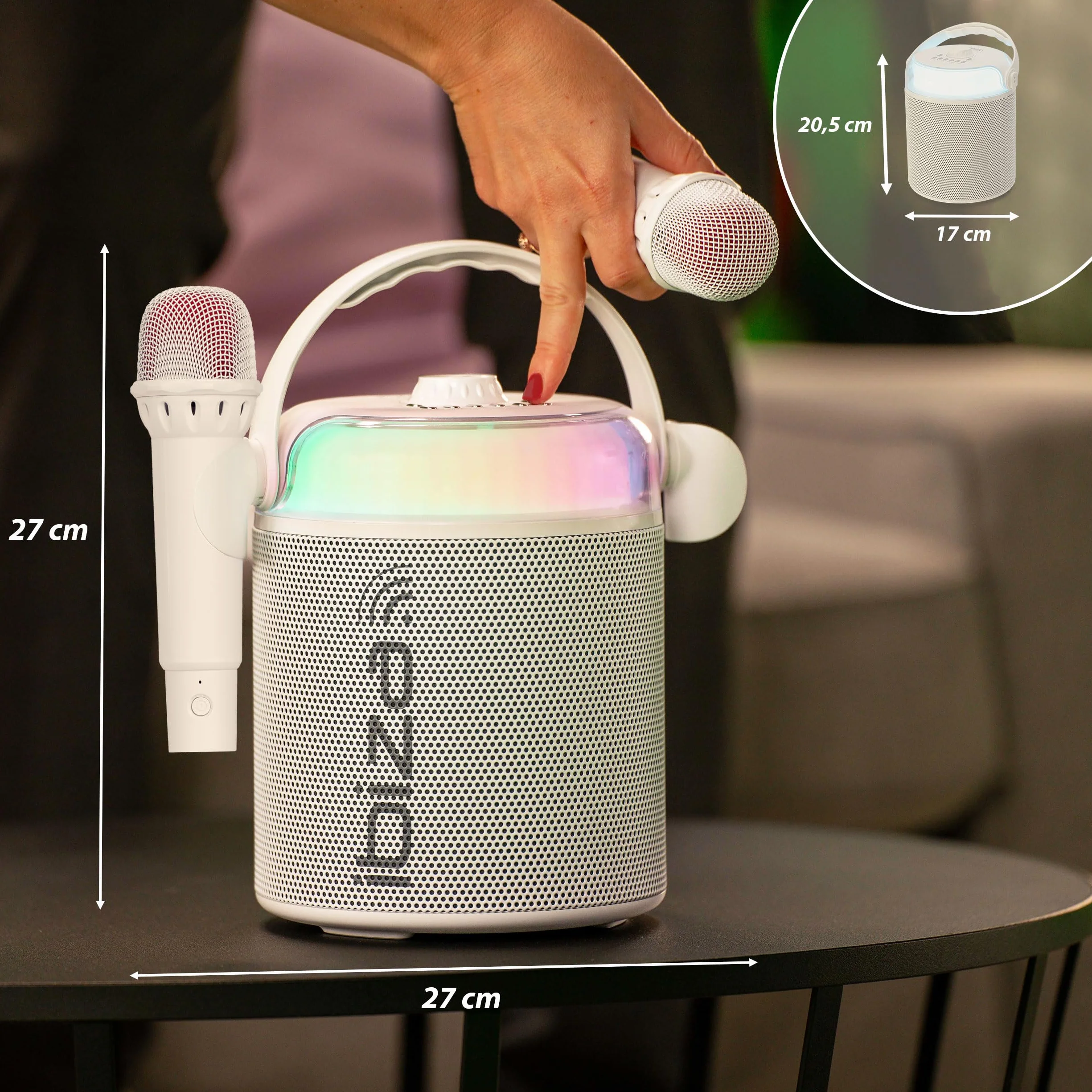 Ibiza - KARAHOME-WH - Zasilany bateryjnie głośnik KARAOKE z dwoma mikrofonami bezprzewodowymi (zasilanie bateryjne) - Bluetooth, USB, MicroSD, USB, AUX i COAX - Biały