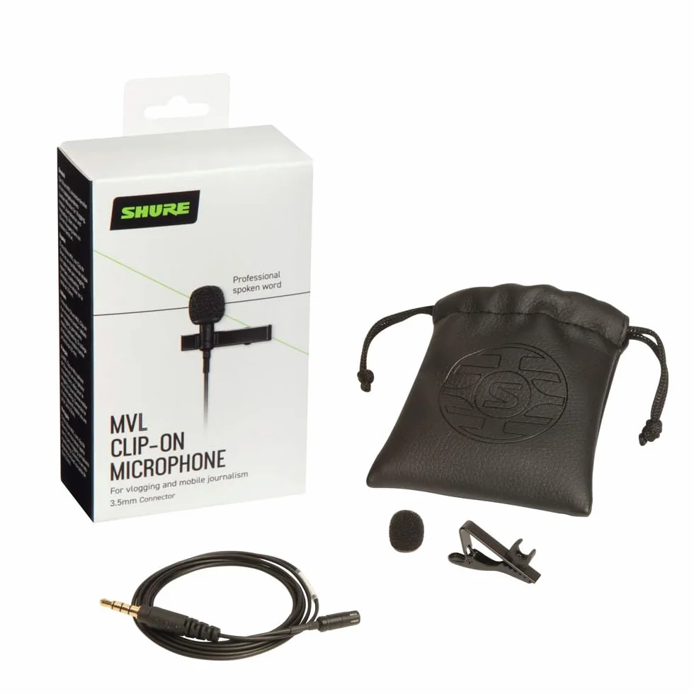 Shure Mvl Lavalier Mikrofon do iPhone'a i tabletu, mikrofon klapowy do nagrywania wideo i vlogów z wtyczką 3,5 mm, osłoną przeciwsłoneczną, uchwytem i torbą do przenoszenia