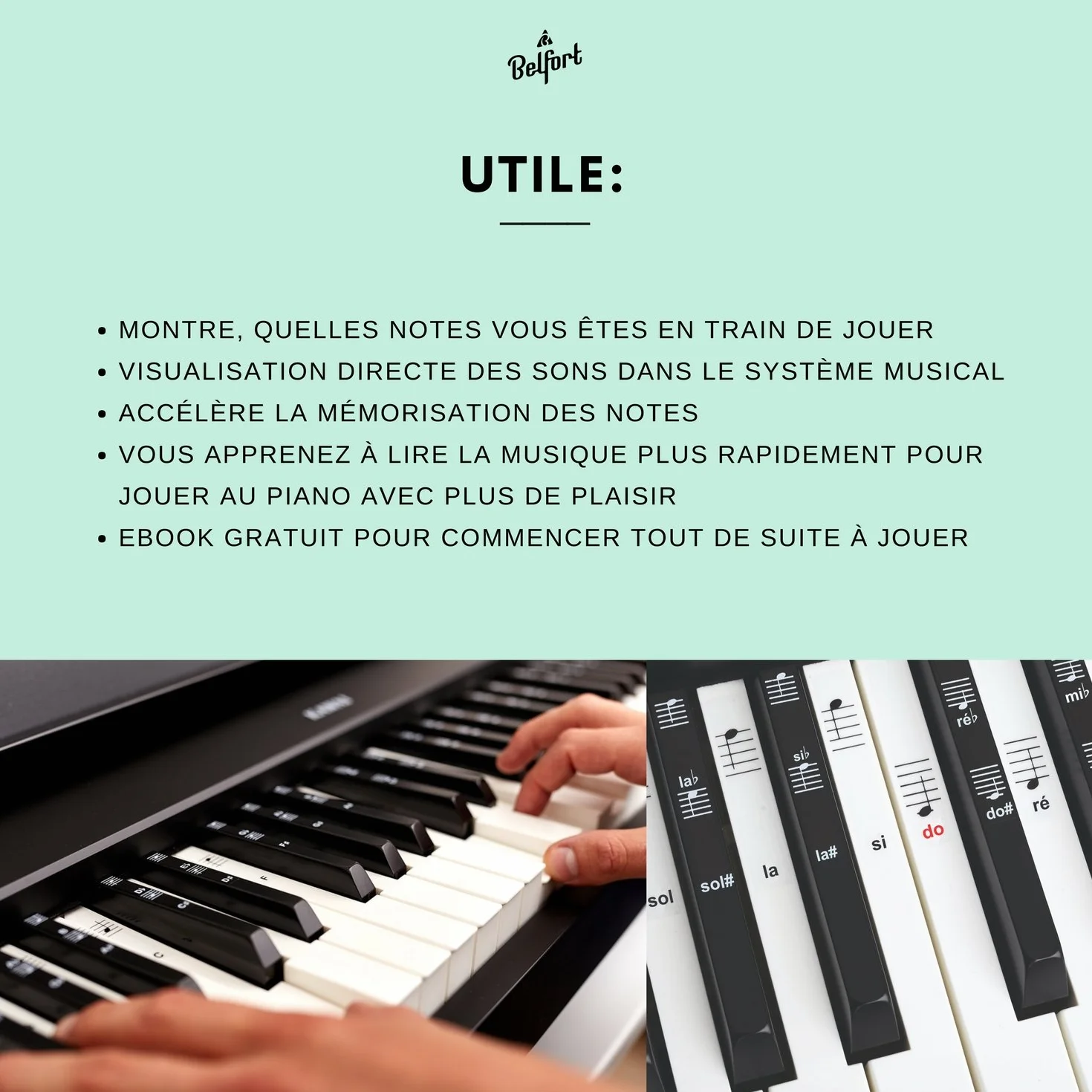 Belfort Autocollants pour Notes de Piano + Clavier 49|61|76|88 Touches pour Ebook Gratuit Premium