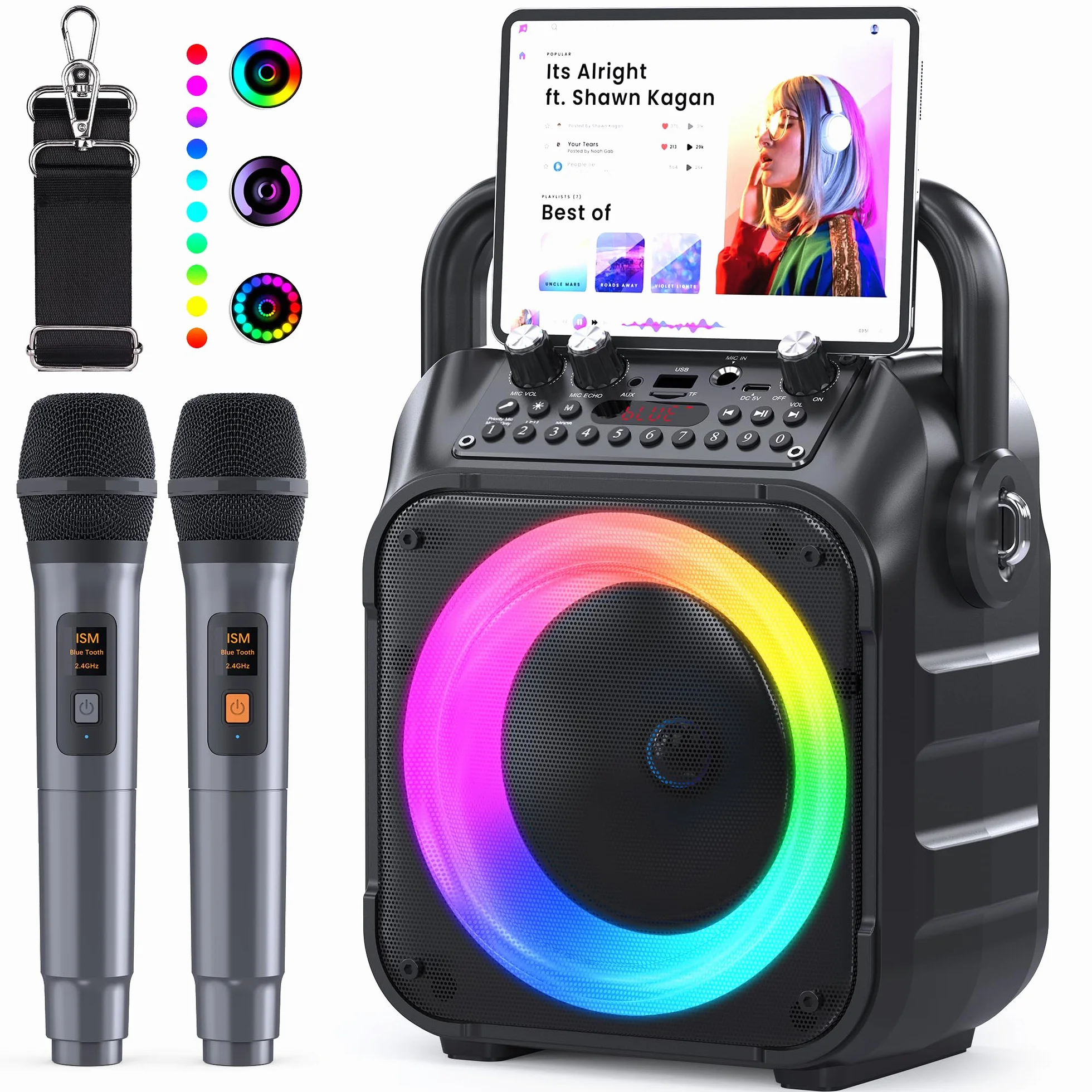Ankuka Maszyna do karaoke, 2 mikrofony, maszyna do karaoke, dla dorosłych i dzieci, przenośny głośnik Bluetooth z systemem PA, obsługuje TWS/FM/AUX/USB/TF/REC na imprezę, urodziny, dom (czarny)