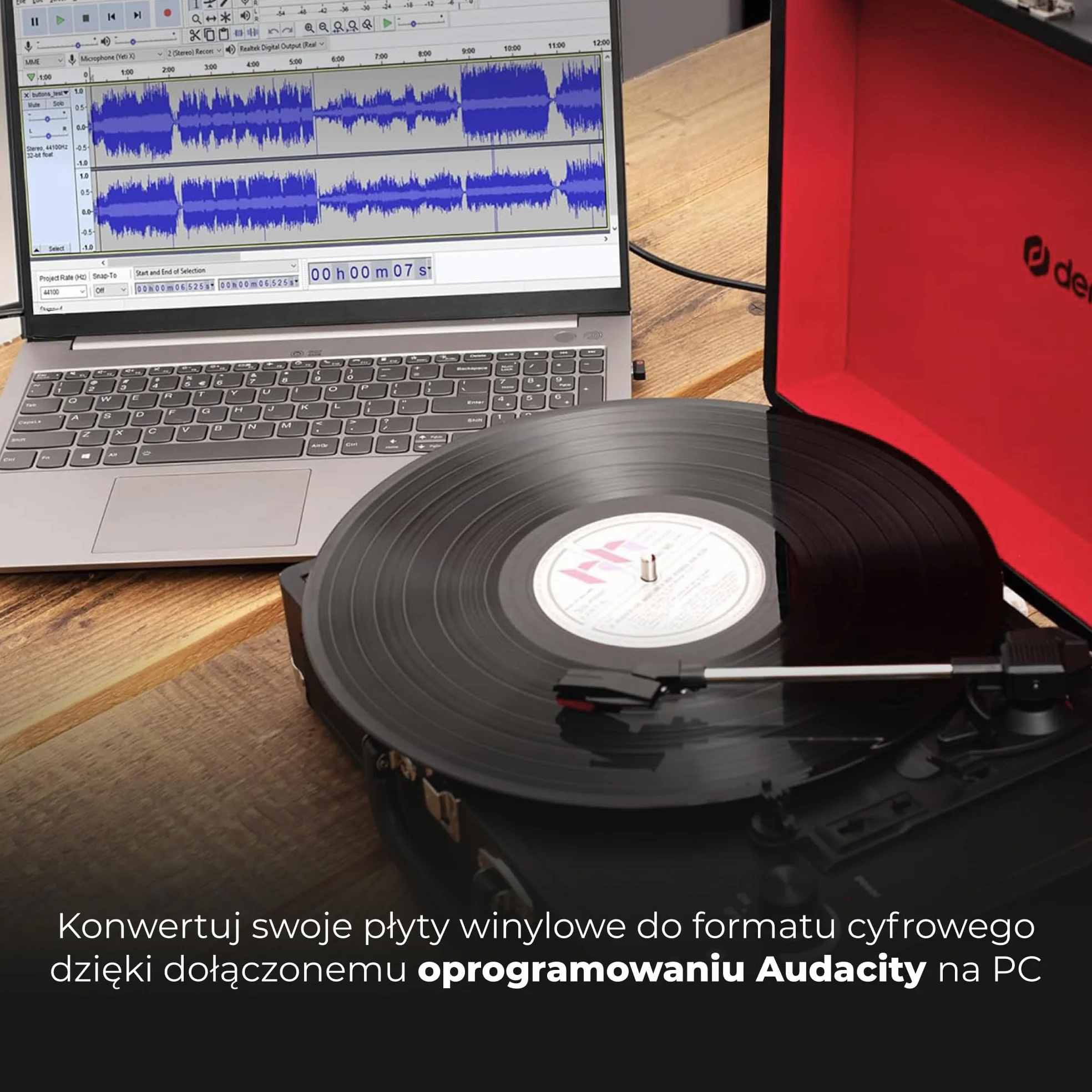 Denver VPL-120BU gramofon w stylu retro, niebieski, z głośnikiem, odtwarzacz winylowy USB, automatyczne zatrzymanie, walizka do nagrywania, odtwarzacz rekordów do digitalizacji