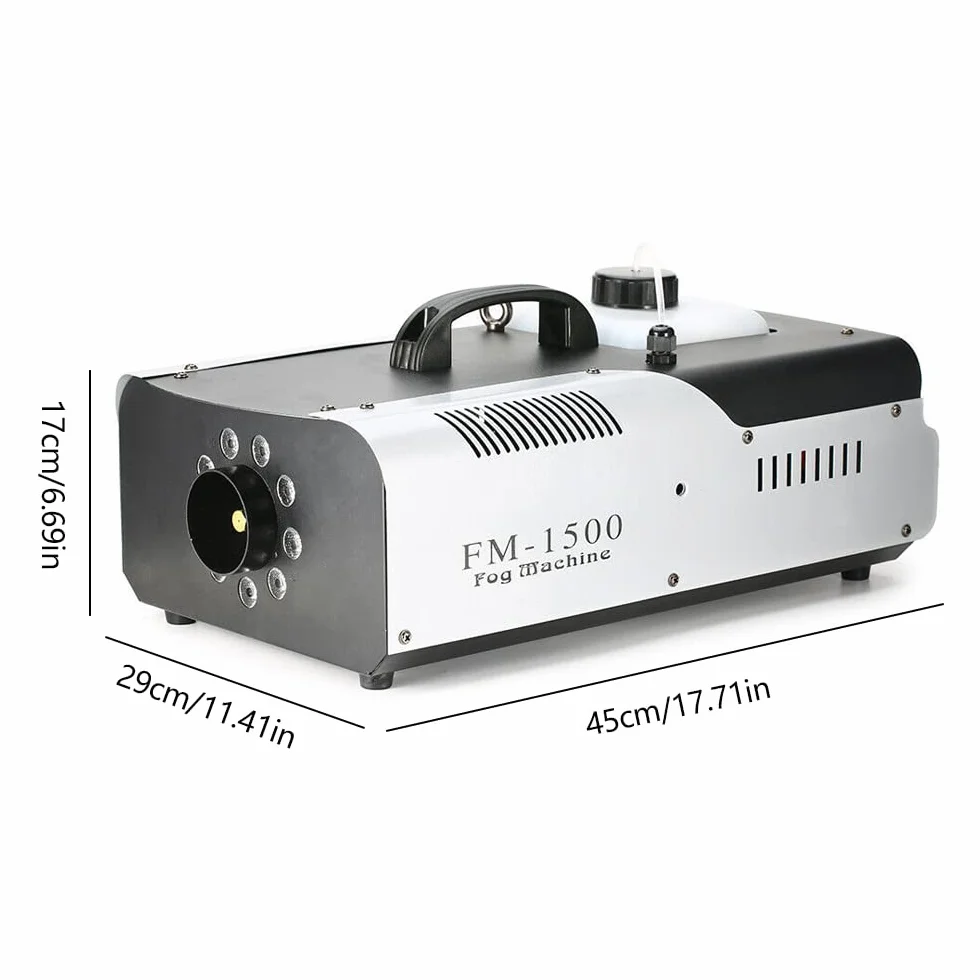 Fogger mini generator dymu LED | element grzejny 1500 W | bezprzewodowy pilot zdalnego sterowania | wyrzut 18000-25000 cu.ft/min | obudowa z blachy stalowej | pojemność zbiornika 2 l