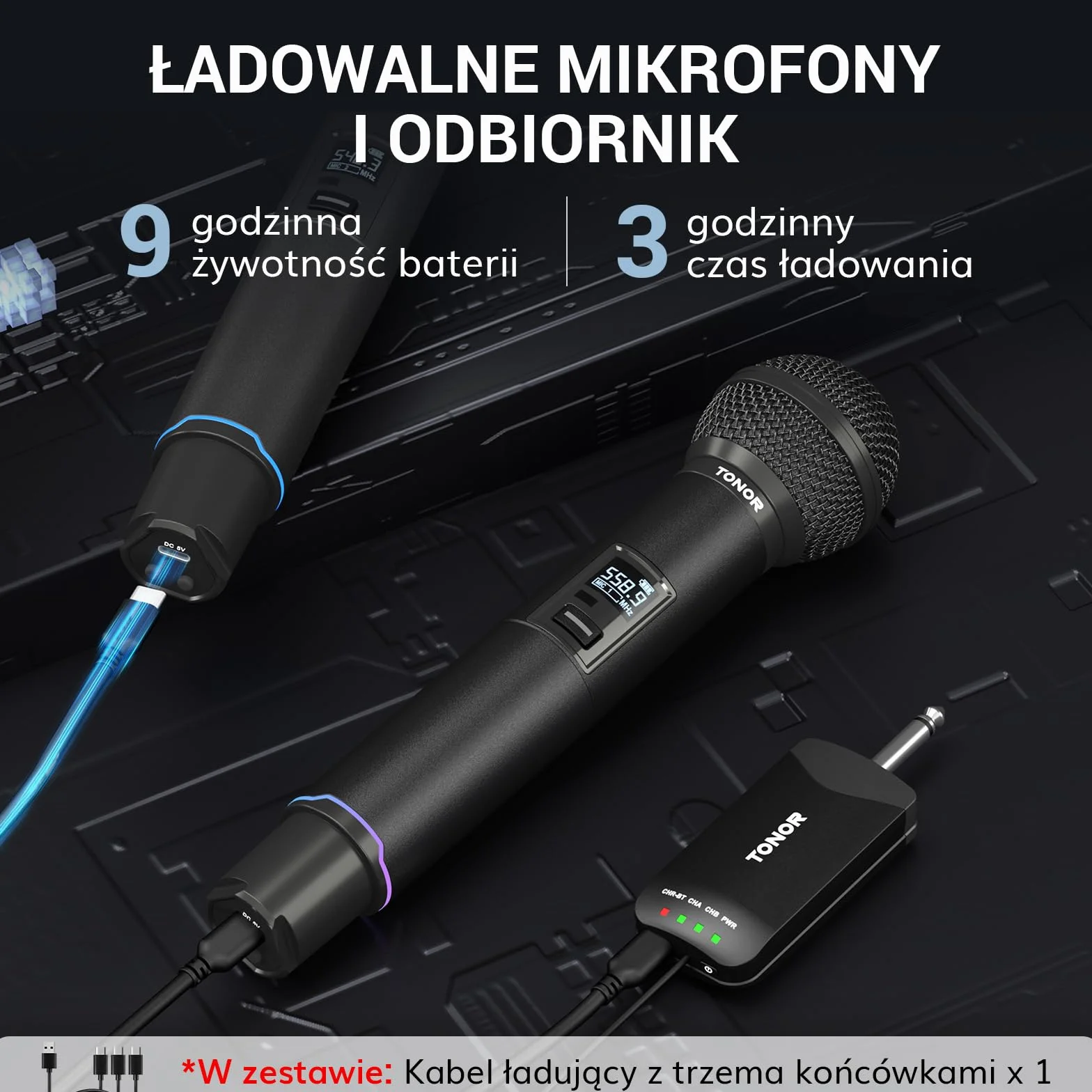 TONOR Profesjonalny Bezprzewodowy Mikrofonów, Ręczny Mikrofon Dynamiczny, Automatyczne Parowanie Bluetooth, Częstotliwość 2x25 UHF, dla Piosenkarzy/DJ-ów/Wesel/ślubów/Kościołów, 100 m, TW720