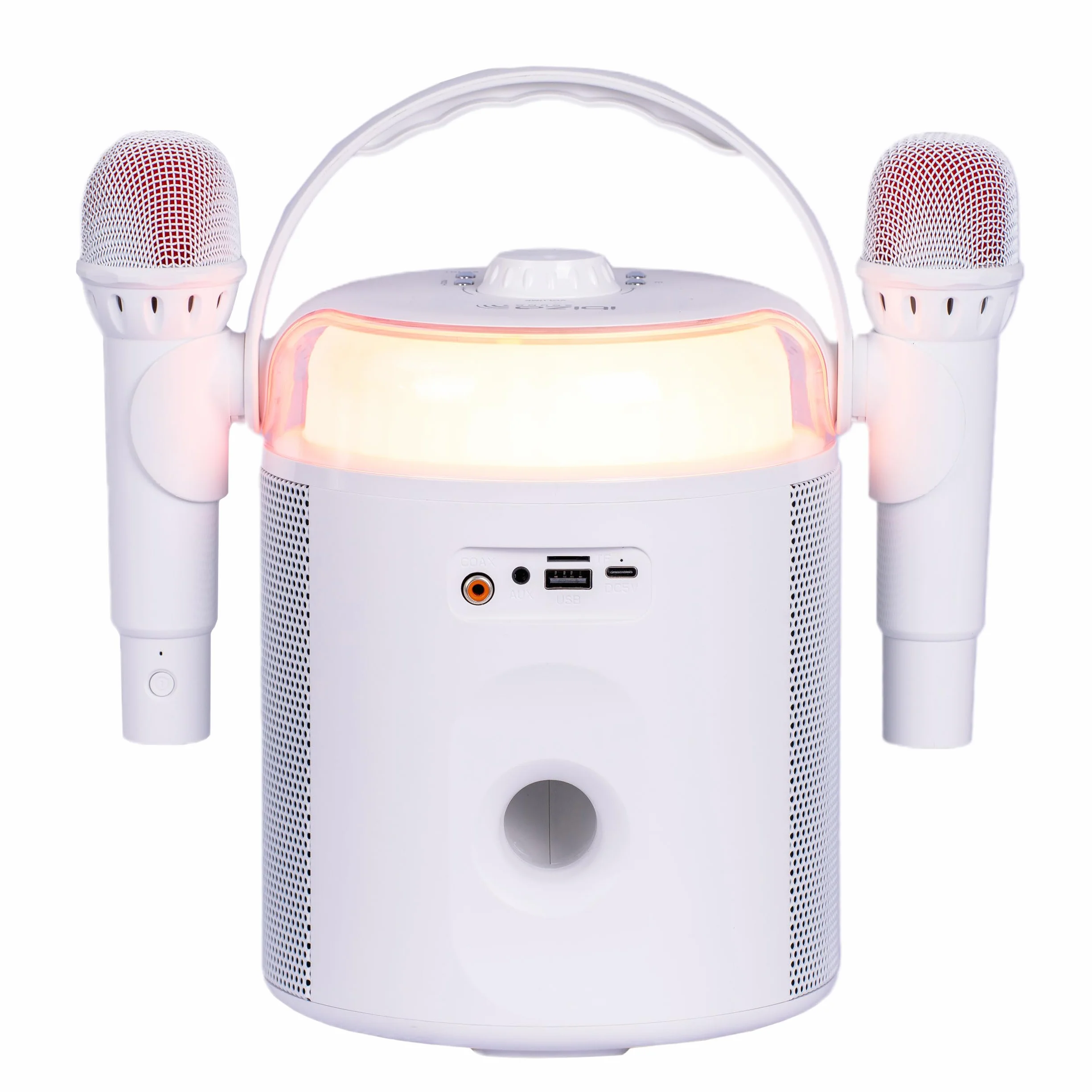 Ibiza - KARAHOME-WH - Zasilany bateryjnie głośnik KARAOKE z dwoma mikrofonami bezprzewodowymi (zasilanie bateryjne) - Bluetooth, USB, MicroSD, USB, AUX i COAX - Biały