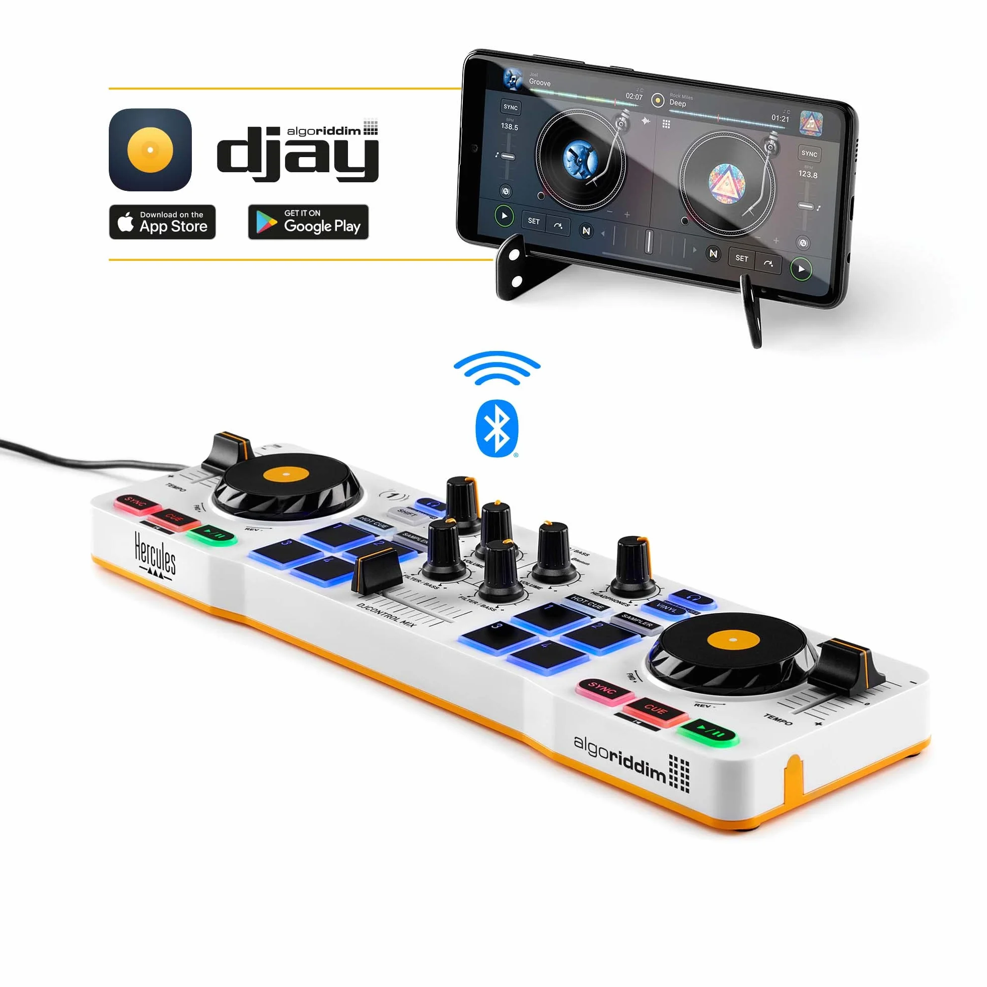 Hercules DJControl Mix – Bezprzewodowy kontroler DJ Bluetooth do smartfonów, kompatybilny z aplikacją djay, 2-kanałowy