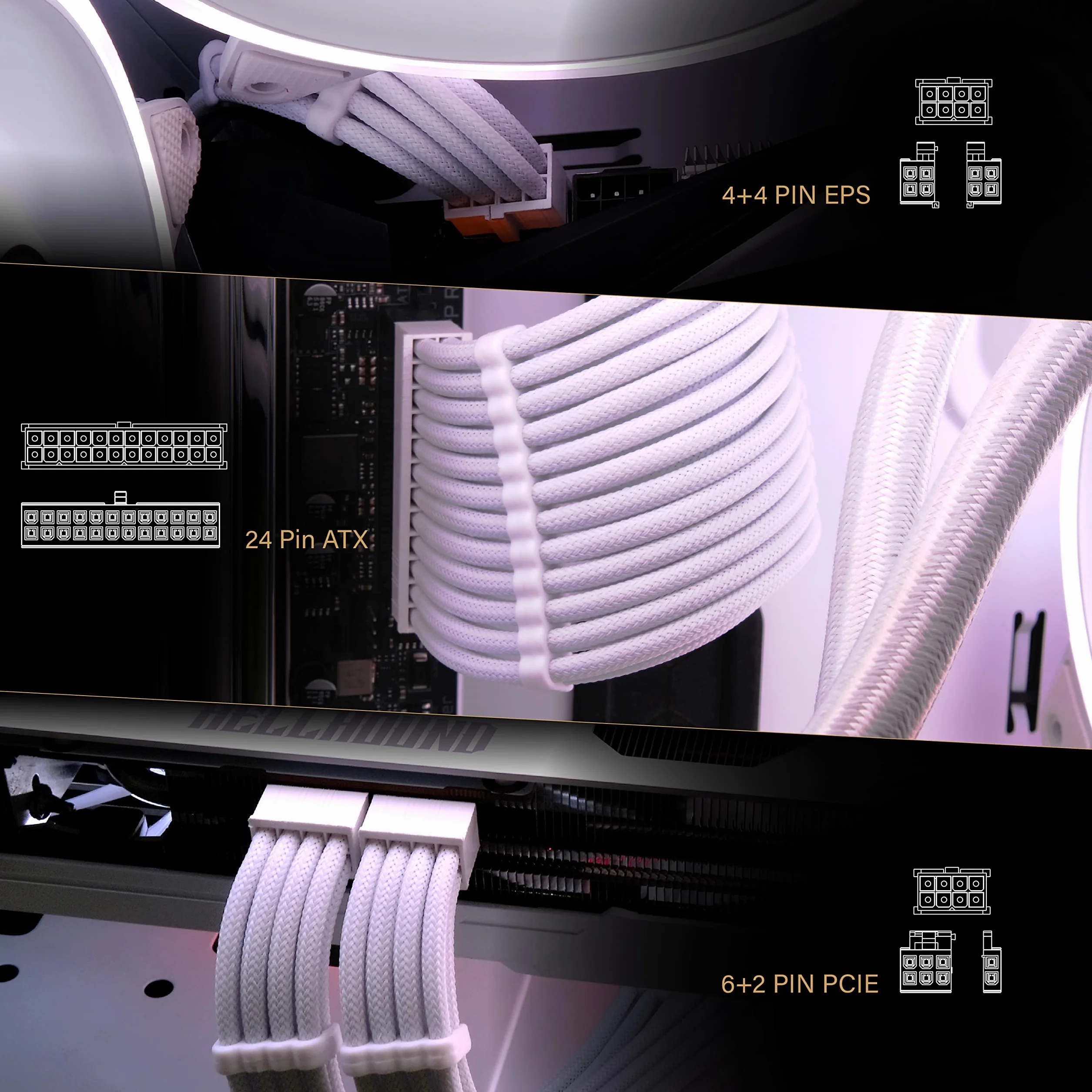 EZDIY-FAB Przedłużacz kabla zasilacza w osłonie niestandardowy mod kabel zasilający PC, miękki nylonowy pleciony z zestawem grzebieniowym 24PIN/8PIN do 6+2 pinów/8PIN do 4+4PIN-30CM 300MM - All White