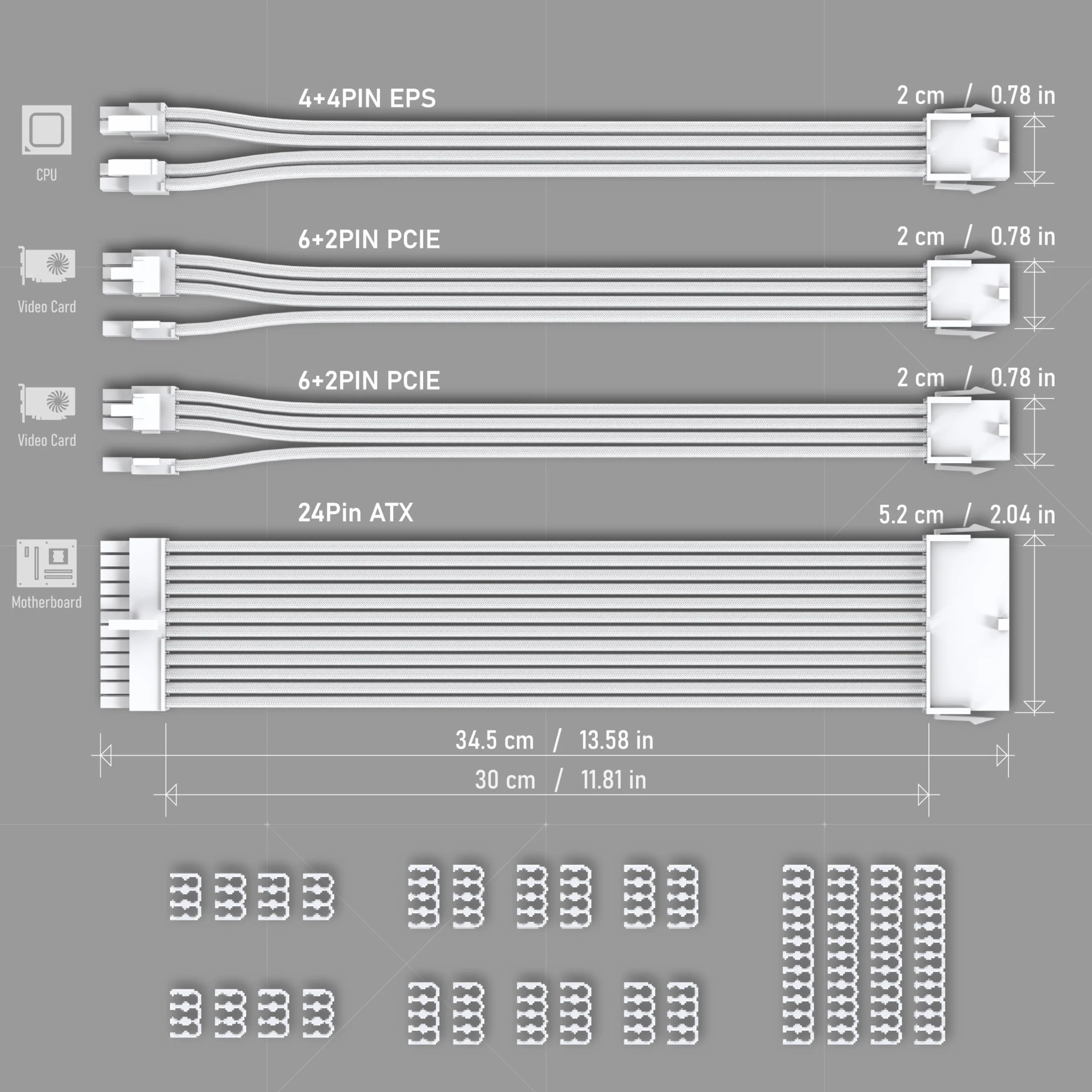 EZDIY-FAB Przedłużacz kabla zasilacza w osłonie niestandardowy mod kabel zasilający PC, miękki nylonowy pleciony z zestawem grzebieniowym 24PIN/8PIN do 6+2 pinów/8PIN do 4+4PIN-30CM 300MM - All White