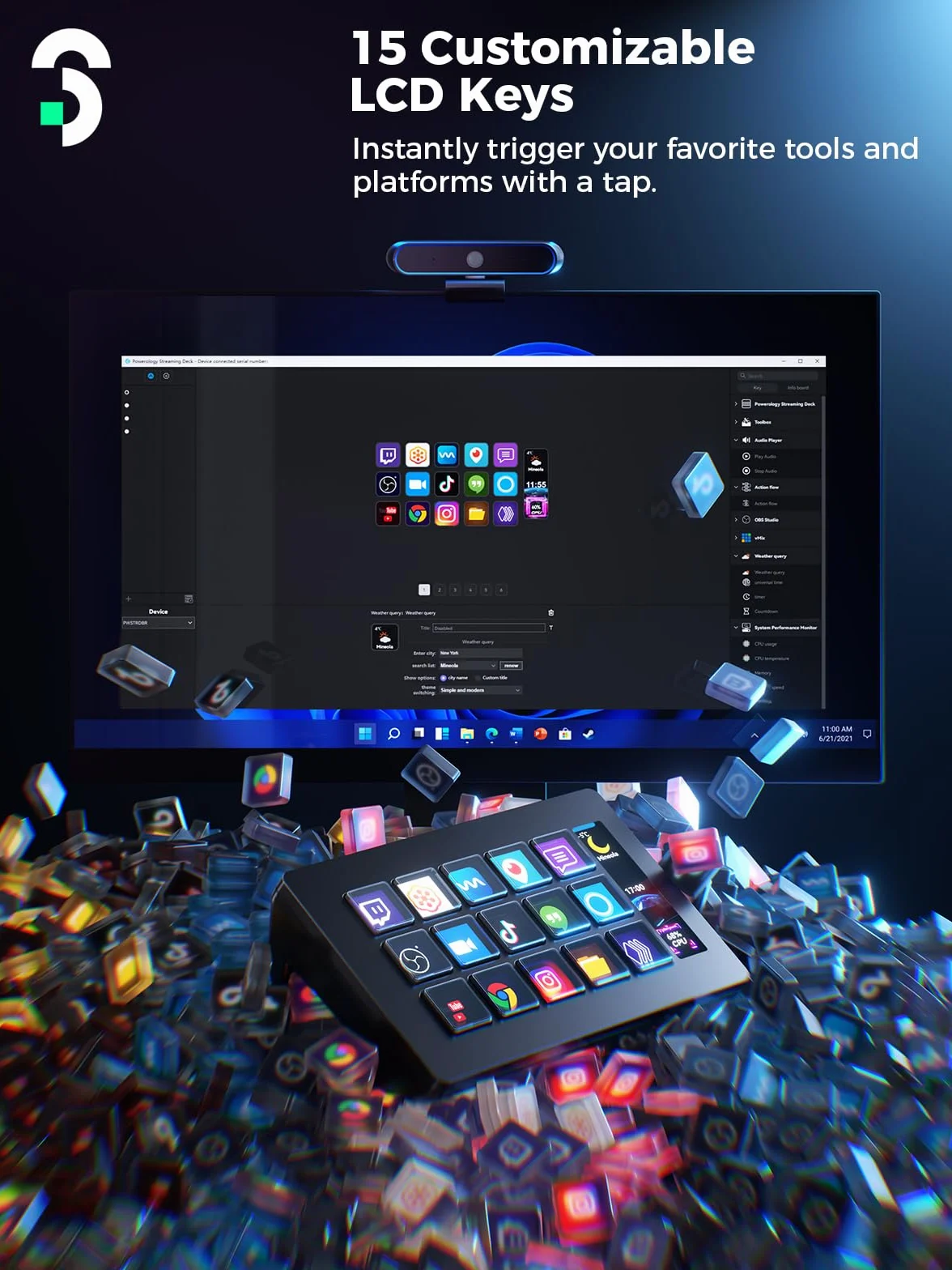 SOOMFON Studio Stream Control Deck, kontroler do sterowania nagraniami na żywo z 15 klawiszami makro i pulpitem nawigacyjnym, przyciski LCD do OBS, Twitch, YouTube, idealny do edycji wideo