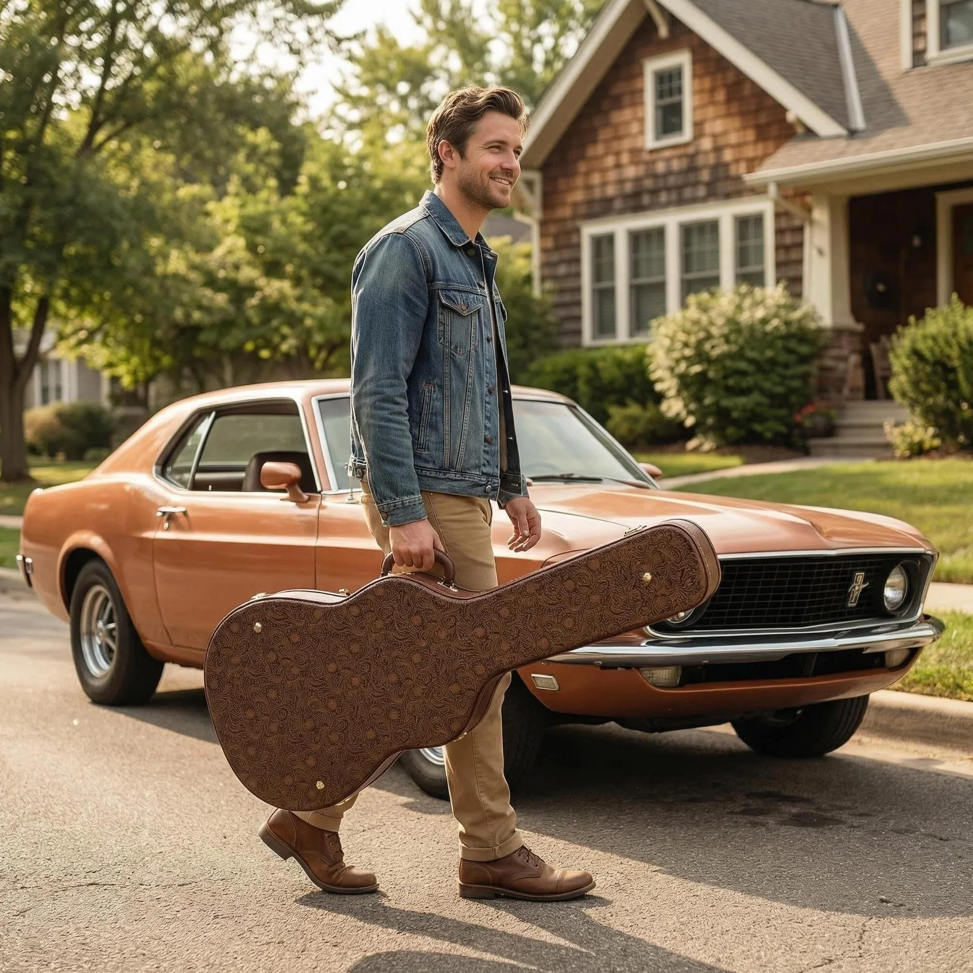 Crossrock Seria Designer - uniwersalna drewniana obudowa do gitar Gibson Acoustic J45, Martin Dreadnought - blokada bezpieczeństwa, metalowe nóżki, przestrzeń do przechowywania - Blossom Brown