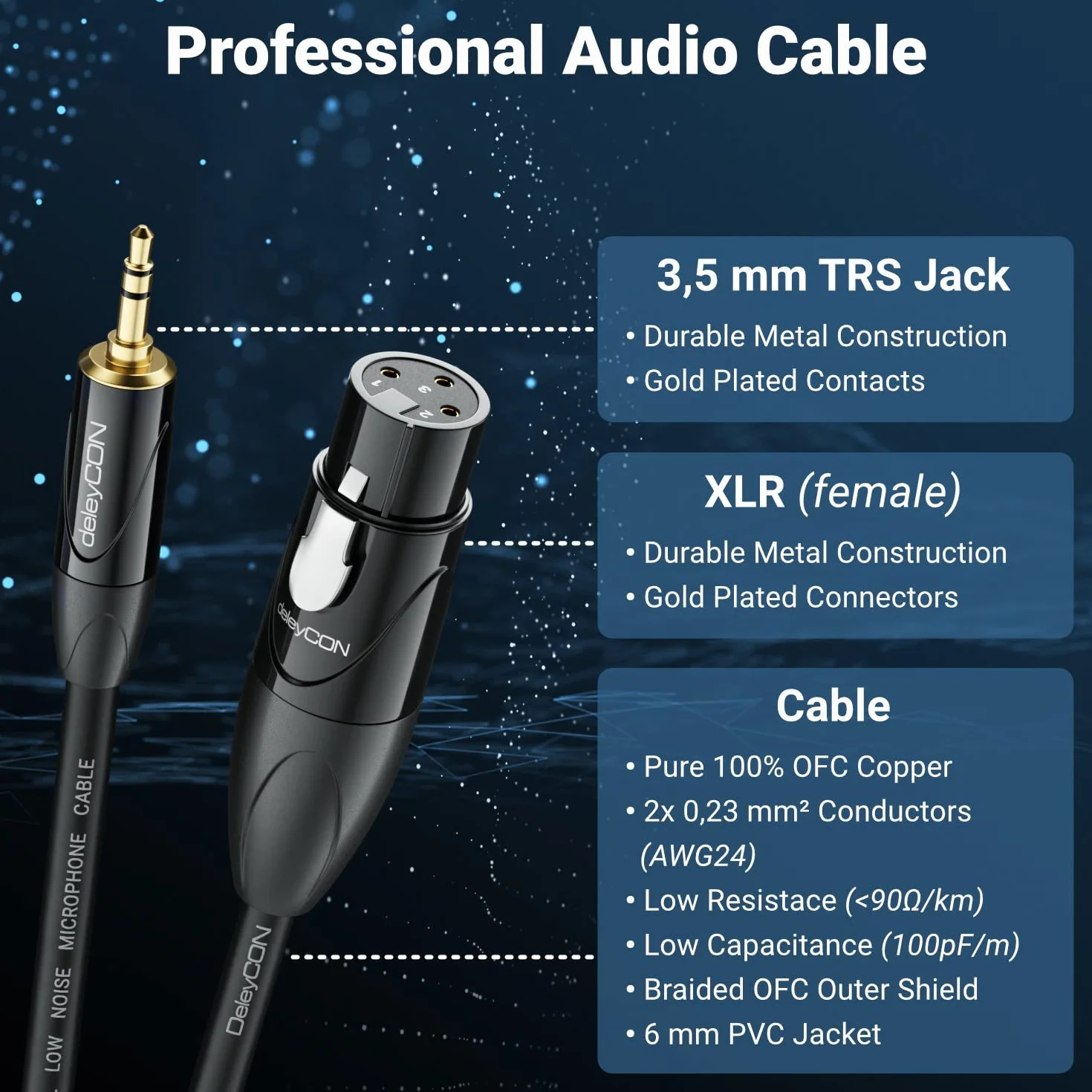 deleyCON 5m XLR na 3,5mm Klinke Stereo - Kabel Mikrofonowy Audio Adapter AUX - Jakość Studyjna - z czystej Miedzi OFC (AWG24) XLR Gniazdo na Klinke 3,5mm Wtyk - Metalowa Blokada