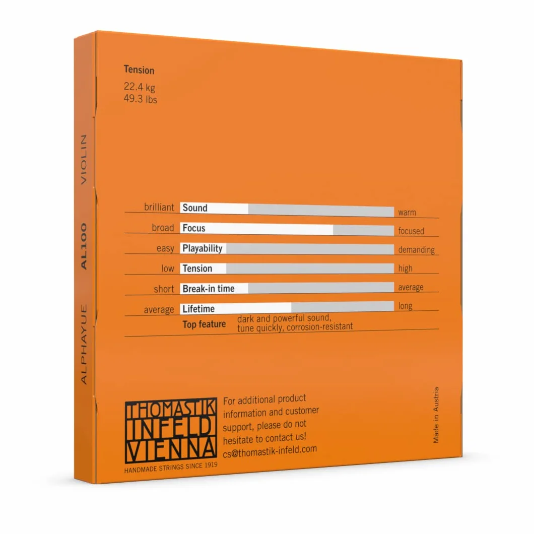Thomastik-Infeld - Alphayue - AL100 - zestaw 4 strun z 2 pojedynczymi strunami D (owijka aluminiowa/srebrna) - 4/4 skrzypce - napięcie 22,4kg/49.3lbs