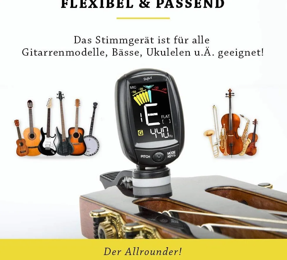 Belfort® kompaktowy tuner z klipsem do wszystkich instrumentów - uniwersalny tuner do gitary, ukulele, skrzypiec, basu i chromatyczny
