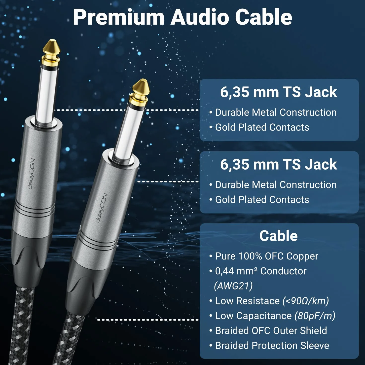 deleyCON 3,0m Kabel Instrumentalny 6,35mm na 6,35mm Klinke Mono AUX - Jakość Studyjna - z czystej Miedzi OFC (AWG24) - Klinkenkabel do Gitary Elektrycznej Basu Wzmacniacza Miksera Keyboardu