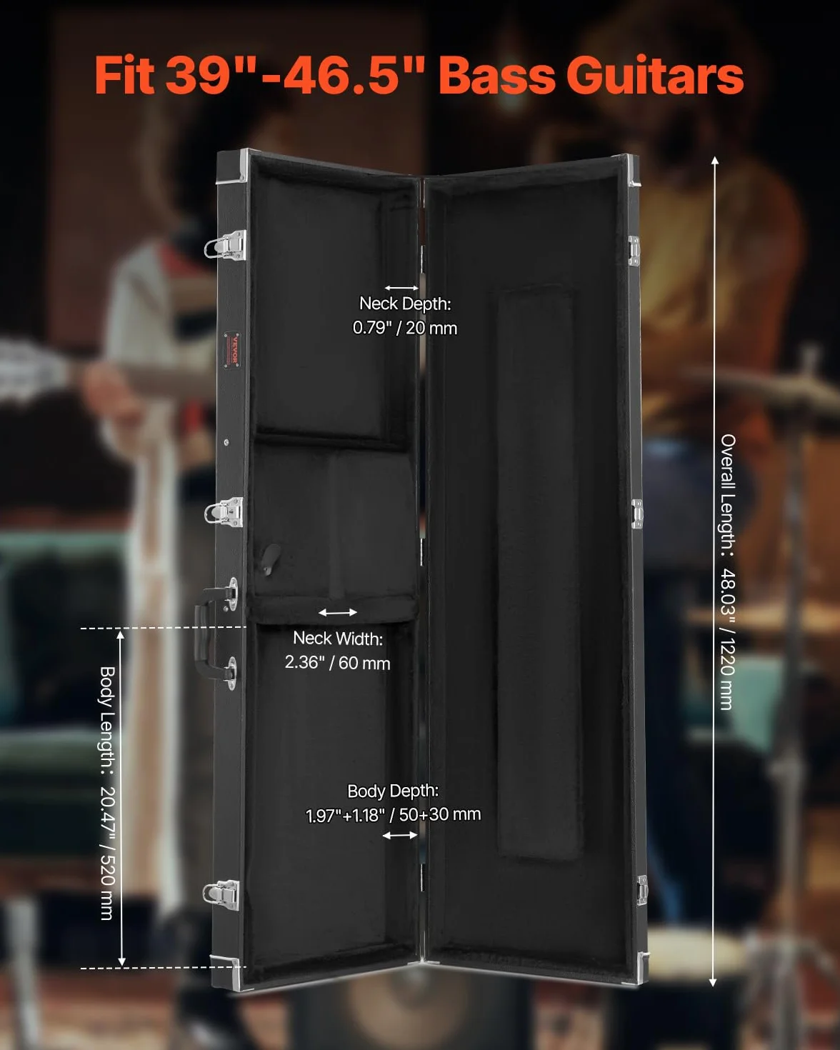 VEVOR Prostokątny twardy futerał na gitarę basową 1220 mm z blokadą kluczową, uchwyt, wypełnienie z PCW, miękka podszewka, wodoodporne do gitar basowych 39-46,5 cala 99-118 cm, czarne