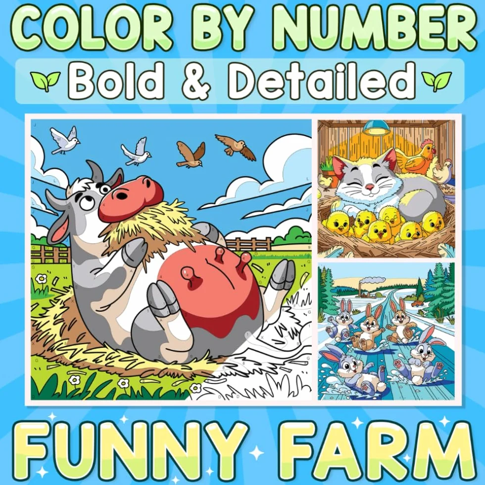 Color By Number Bold & Detailed Funny Farm: Cute and Silly Farmyard Animals for Relaxation and Joyful Coloring