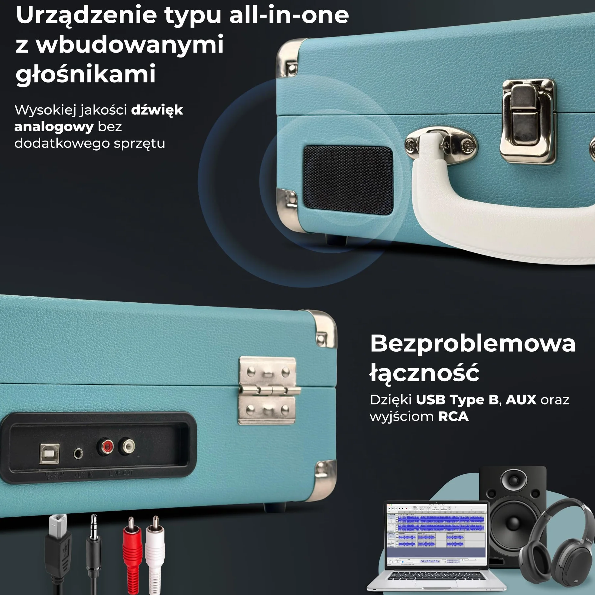Denver VPL-120BU gramofon w stylu retro, niebieski, z głośnikiem, odtwarzacz winylowy USB, automatyczne zatrzymanie, walizka do nagrywania, odtwarzacz rekordów do digitalizacji