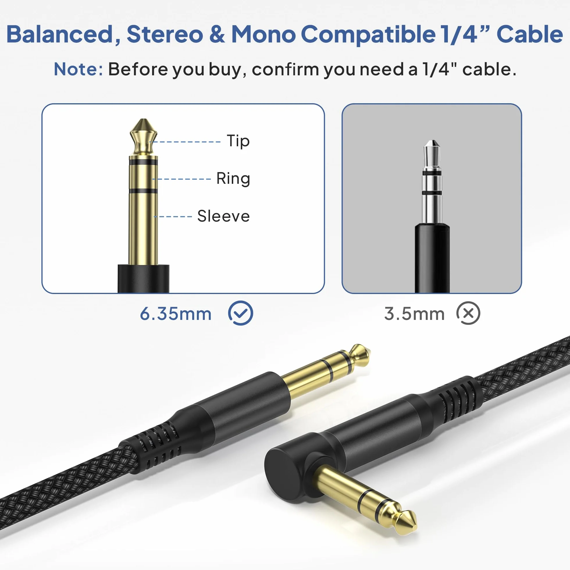 Elebase Kabel gitarowy 6,35 mm TRS 3M 2 sztuki, 90 stopni 1/4" wtyczka stereo kabel instrumentalny, 6,3 jack kabel gitarowy, symetryczny kabel audio do gitary, basów, klawiatur, wzmacniaczy