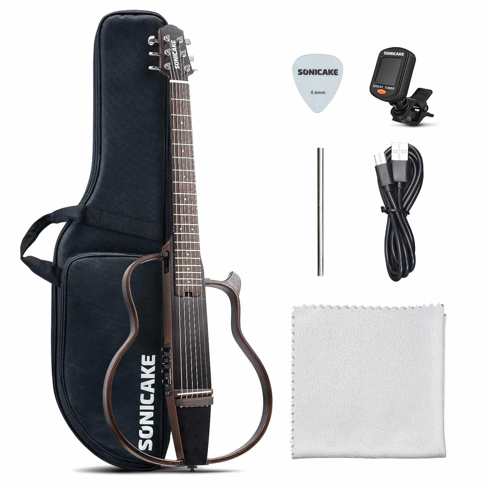 SONICAKE Elektryczna gitara akustyczna, przenośny korpus z litego mahoniu, łatwa w montażu rama, wielokorpusowy kształt Sim Preamp, Gigbag i akcesoria QGT-01