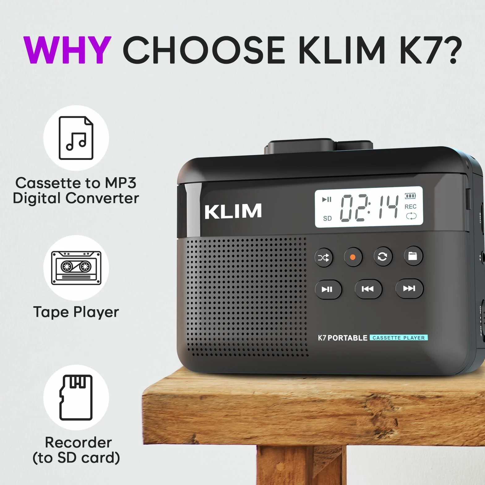 Odtwarzacz kasetowy Walkman KLIM K7 - odtwarzacz kasetowy - konwerter kasety audio na MP3 - wbudowany mikrofon i głośnik - akumulator - słuchawki - karta SD 32 GB