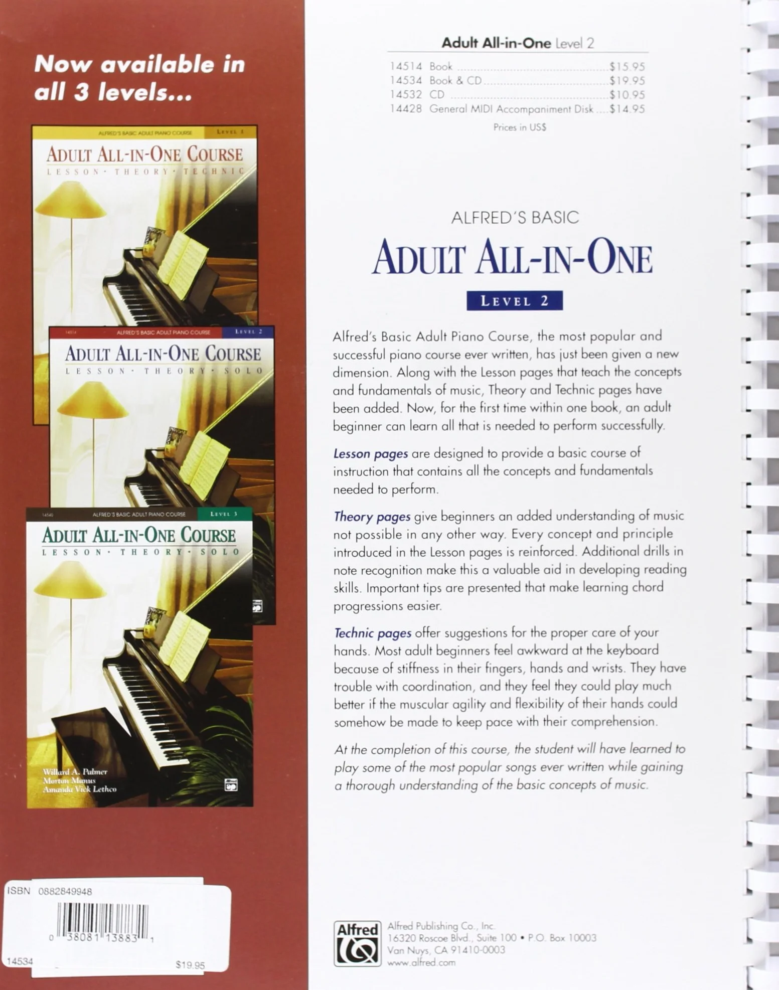ALFRED'S BASIC ADULT ALL IN ONE COURSE 2 - RECUEIL + CD: Level 2: Lesson, Theory, Solo