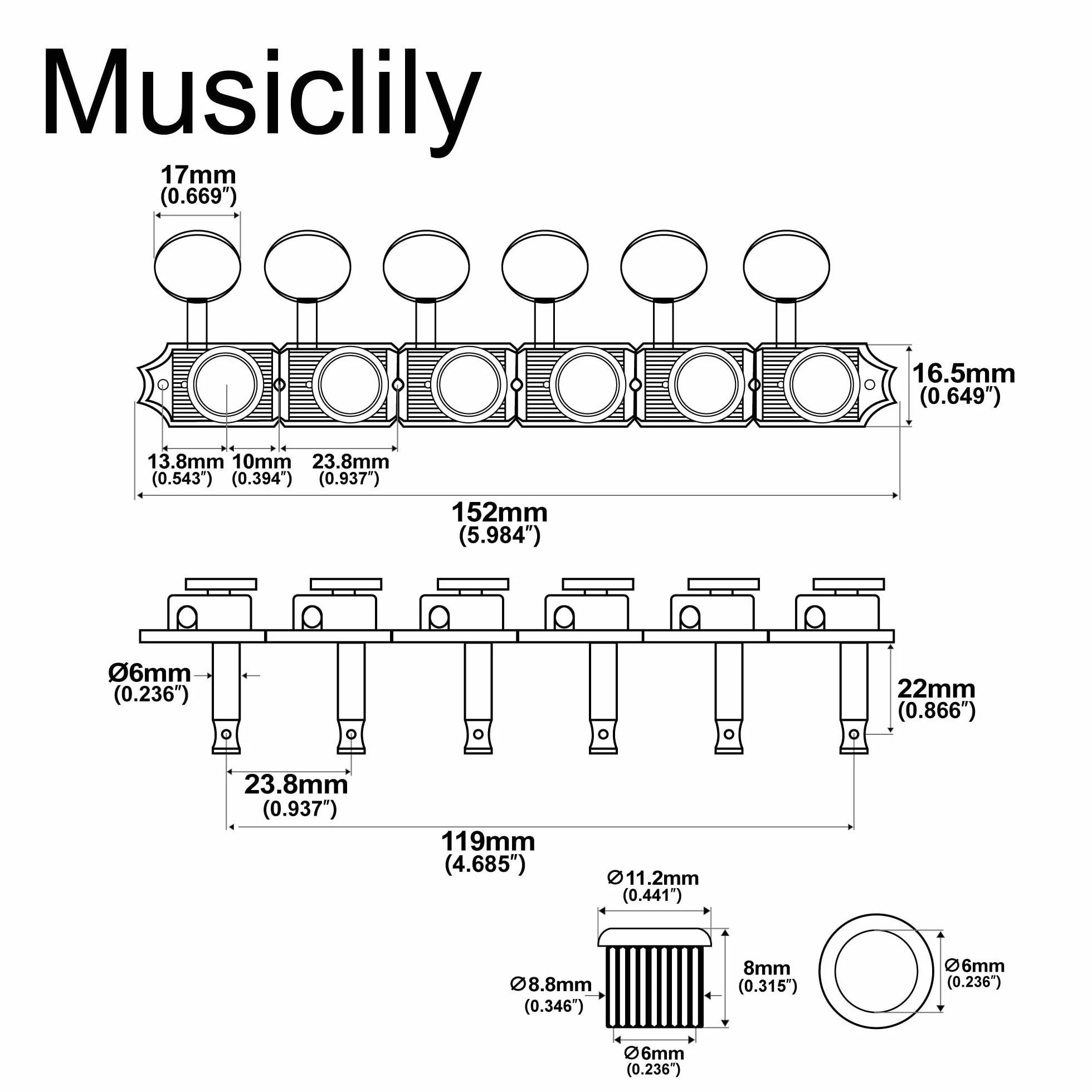 Musiclily Pro 6 w linii Vintage Tunery Blokujące Gitaryowe Klucze Blokowane Kołki do Strojenia do Gitary Elektrycznej Squier Classic Vibe Strat Tele, Złoty Owalny Główki
