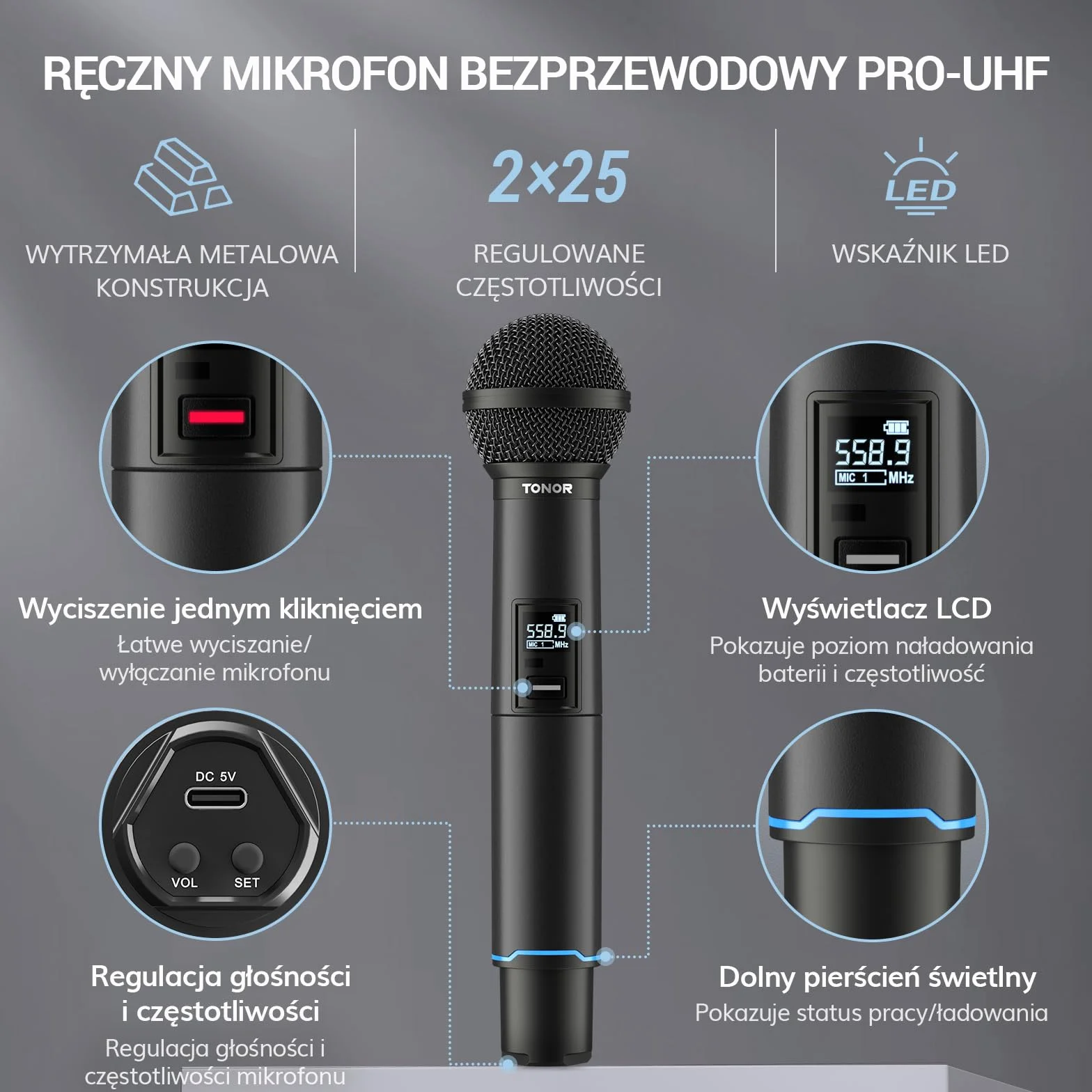 TONOR Profesjonalny Bezprzewodowy Mikrofonów, Ręczny Mikrofon Dynamiczny, Automatyczne Parowanie Bluetooth, Częstotliwość 2x25 UHF, dla Piosenkarzy/DJ-ów/Wesel/ślubów/Kościołów, 100 m, TW720