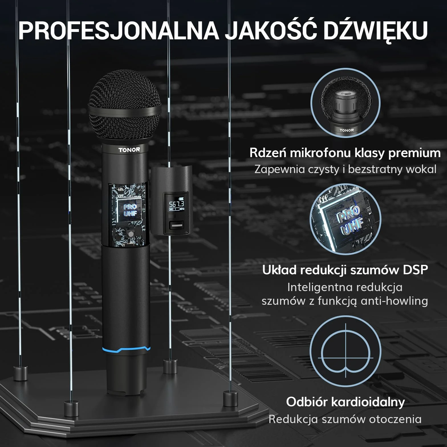 TONOR Profesjonalny Bezprzewodowy Mikrofonów, Ręczny Mikrofon Dynamiczny, Automatyczne Parowanie Bluetooth, Częstotliwość 2x25 UHF, dla Piosenkarzy/DJ-ów/Wesel/ślubów/Kościołów, 100 m, TW720